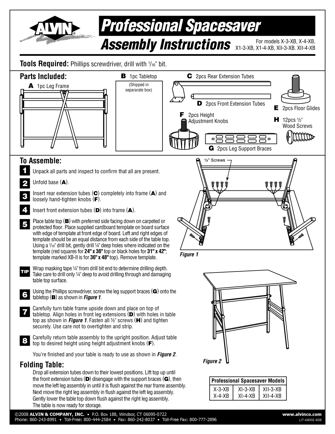 Alvin X-3-XB, X-4-XB manual Parts Included, To Assemble, Folding Table, Professional Spacesaver Models 