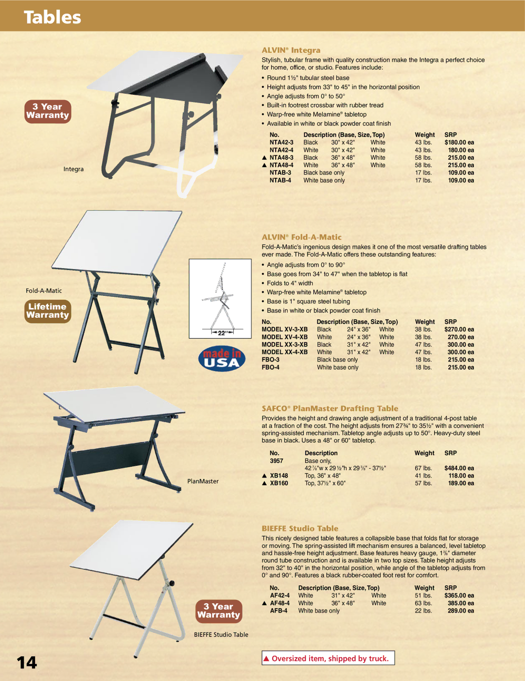 Alvin XX-3-XB, XX-4-XB, XV-4-XB Alvin Integra, Alvin Fold-A-Matic, Safco PlanMaster Drafting Table, Bieffe Studio Table 