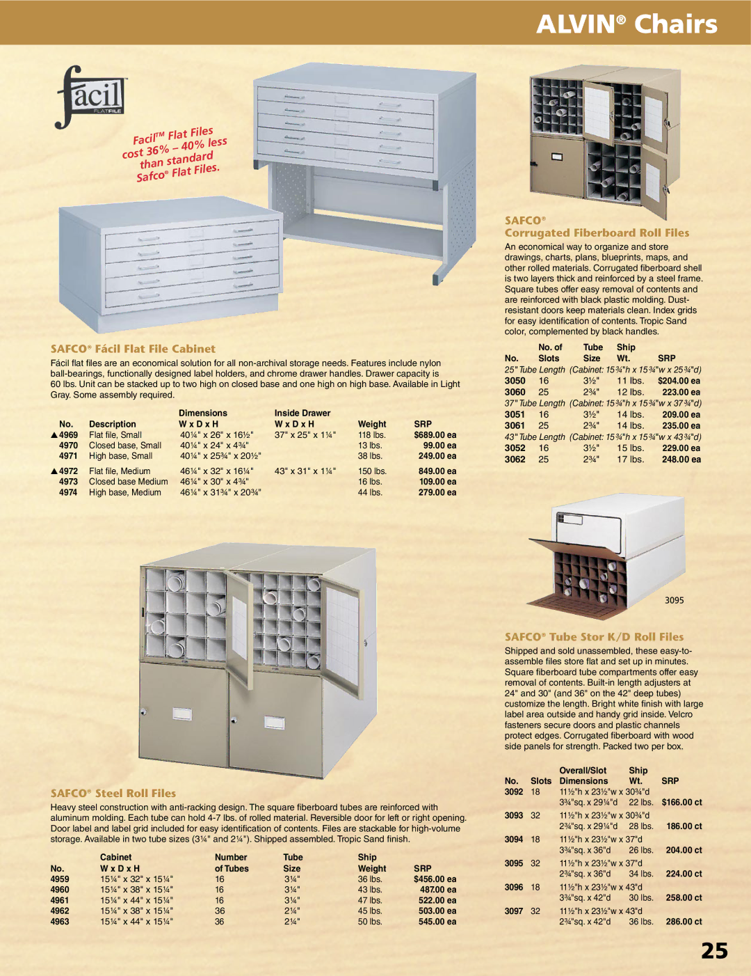 Alvin XV-4-XB manual Alvin Chairs, Safco Fácil Flat File Cabinet, Safco Steel Roll Files, Corrugated Fiberboard Roll Files 