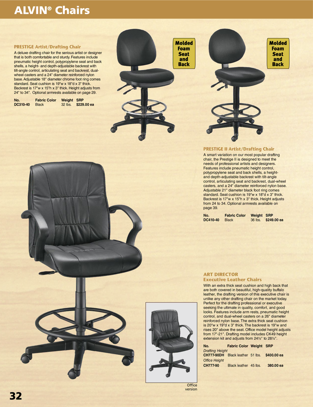 Alvin XX-4-XB Prestige Artist/Drafting Chair, Prestige II Artist/Drafting Chair, ART Director, Executive Leather Chairs 