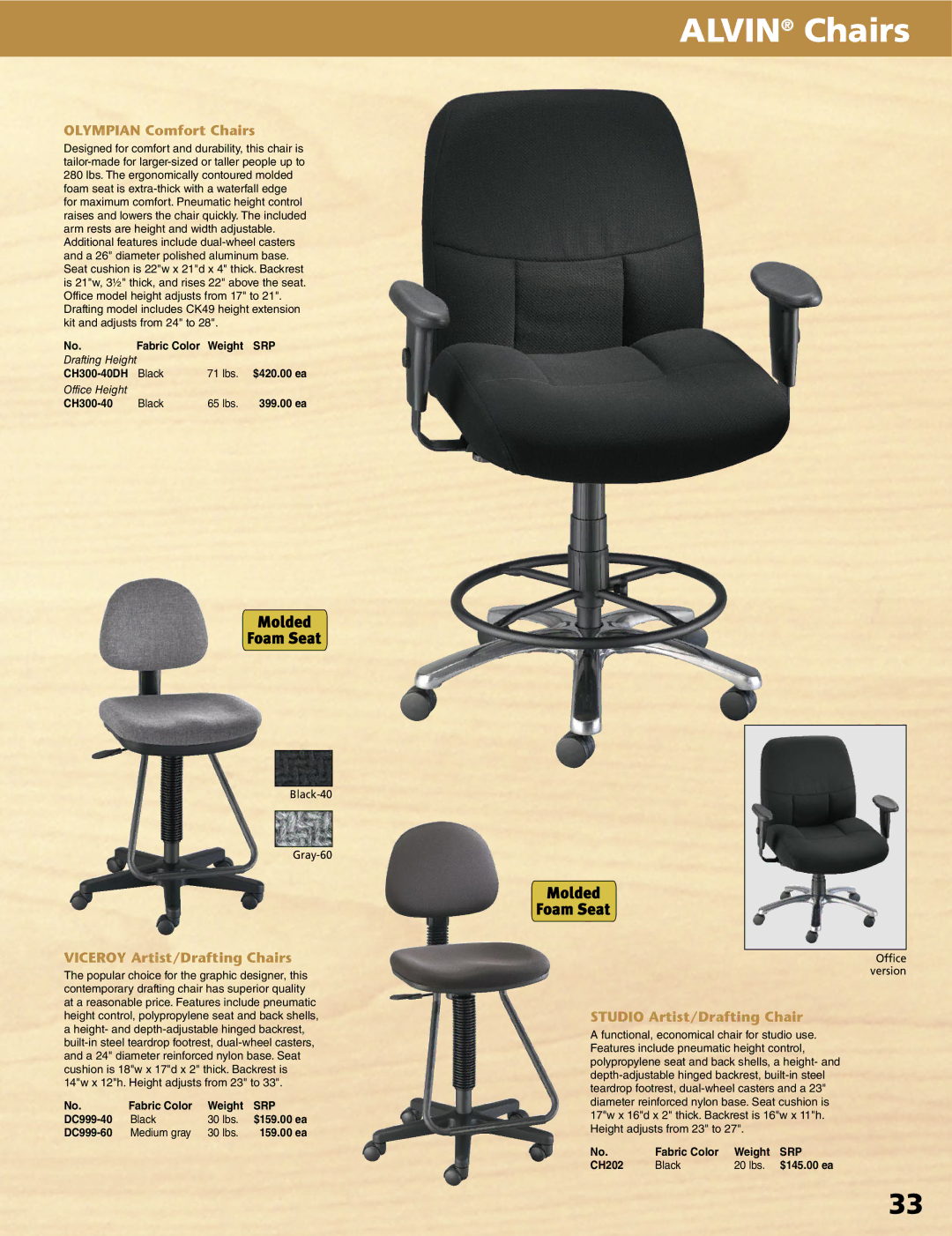 Alvin XV-4-XB, XX-4-XB, XX-3-XB manual Olympian Comfort Chairs, Viceroy Artist/Drafting Chairs, Studio Artist/Drafting Chair 