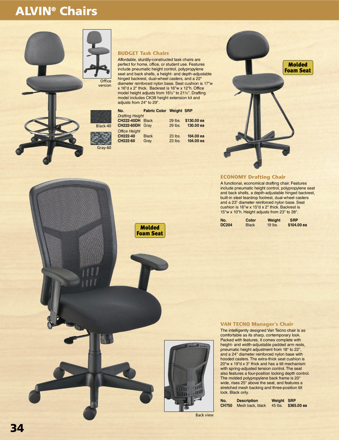 Alvin XX-3-XB, XX-4-XB, XV-4-XB, XV-3-XB manual Budget Task Chairs, Economy Drafting Chair, VAN Tecno Manager’s Chair 