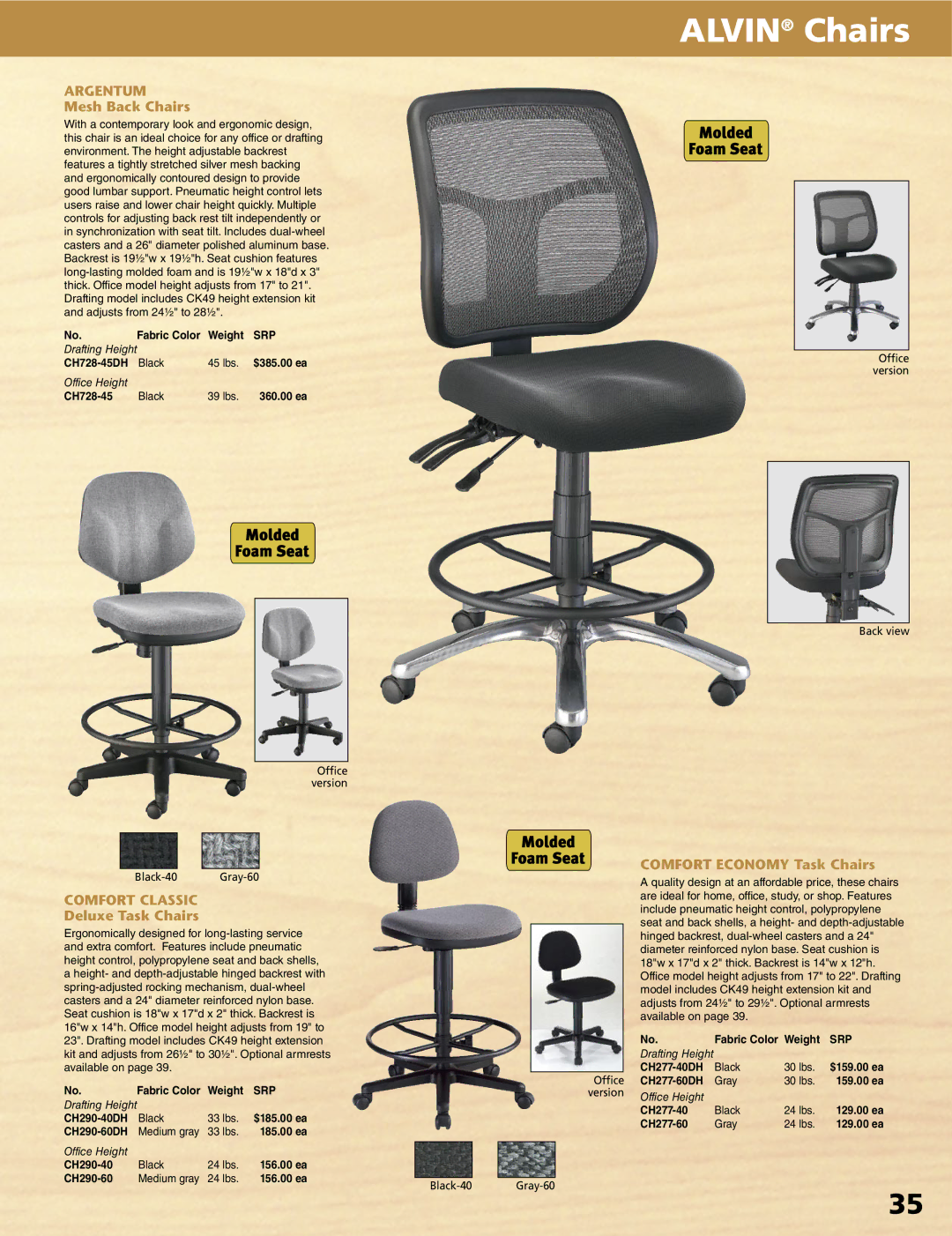 Alvin XV-3-XB, XX-4-XB manual Argentum, Mesh Back Chairs, Comfort Classic, Deluxe Task Chairs, Comfort Economy Task Chairs 