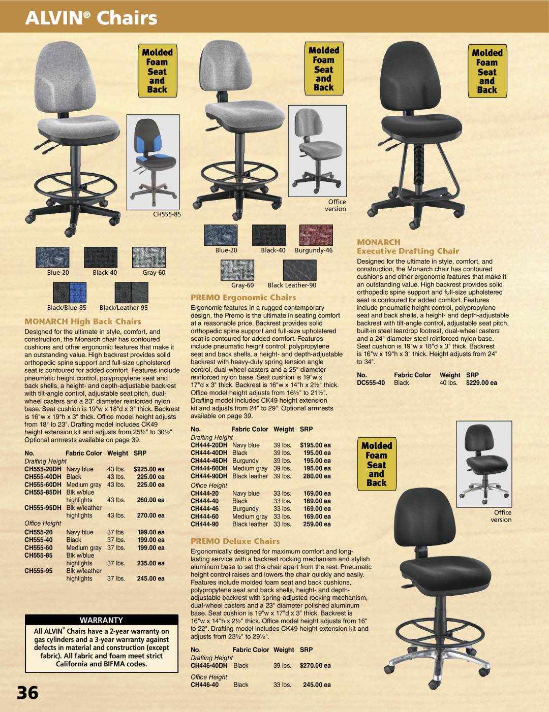 Alvin XX-4-XB Monarch High Back Chairs, Premo Ergonomic Chairs, Monarch Executive Drafting Chair, Premo Deluxe Chairs 