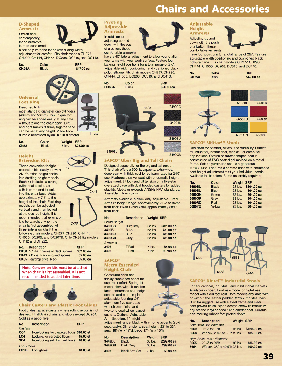 Alvin XV-3-XB, XX-4-XB, XV-4-XB, XX-3-XB manual Chairs and Accessories 