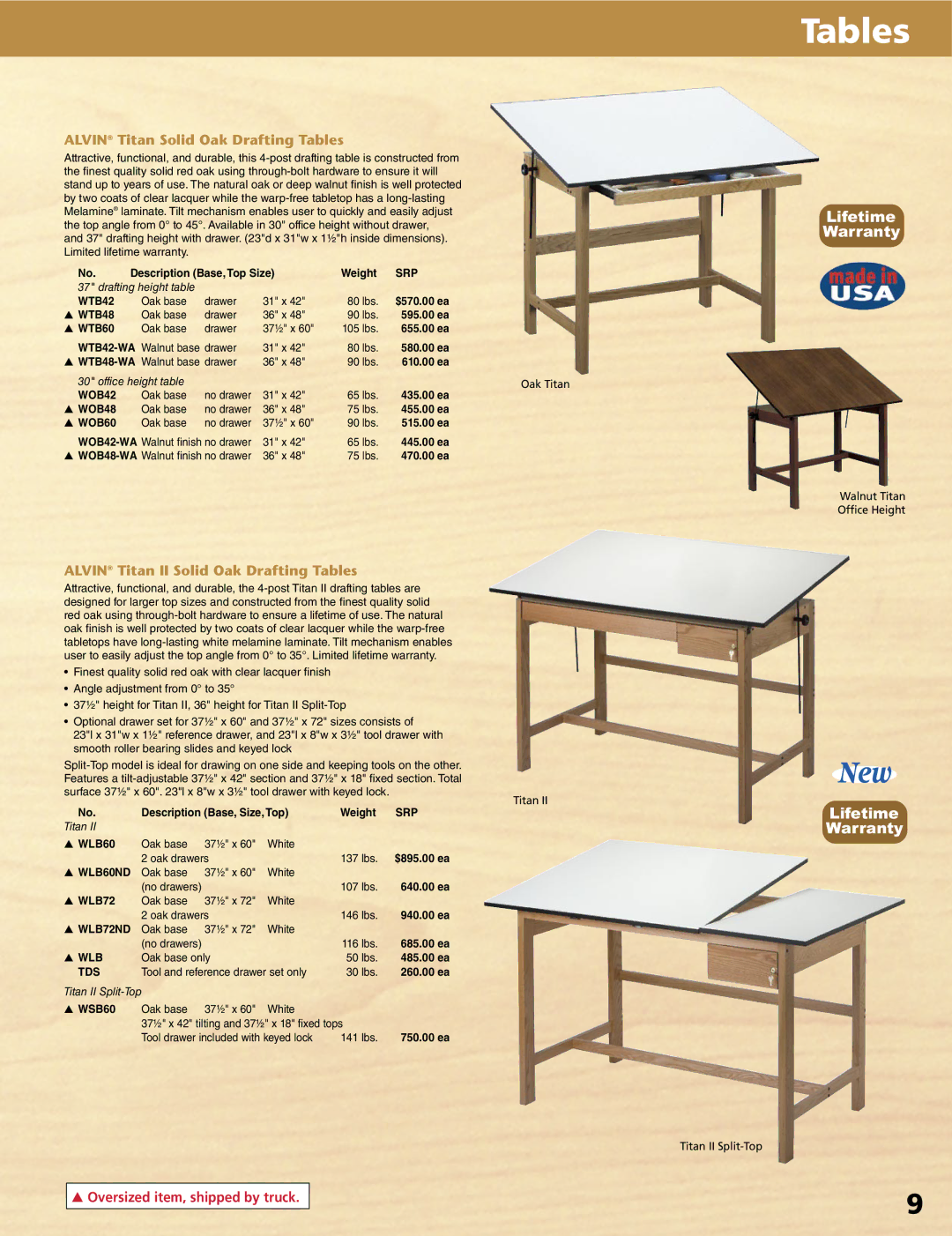 Alvin XV-4-XB, XX-4-XB Alvin Titan Solid Oak Drafting Tables, Alvin Titan II Solid Oak Drafting Tables, WTB42, WOB42, Tds 