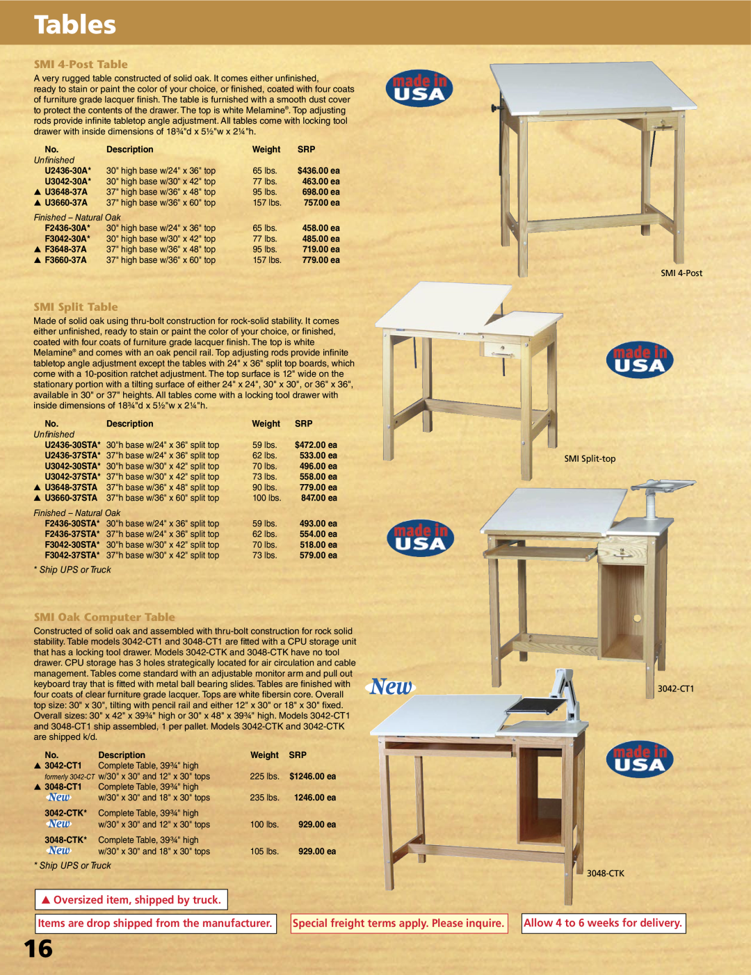 Alvin XX-4-XB, XV-4-XB Tables, SMI 4-PostTable, SMI Split Table, SMI Oak Computer Table, sOversized item, shipped by truck 