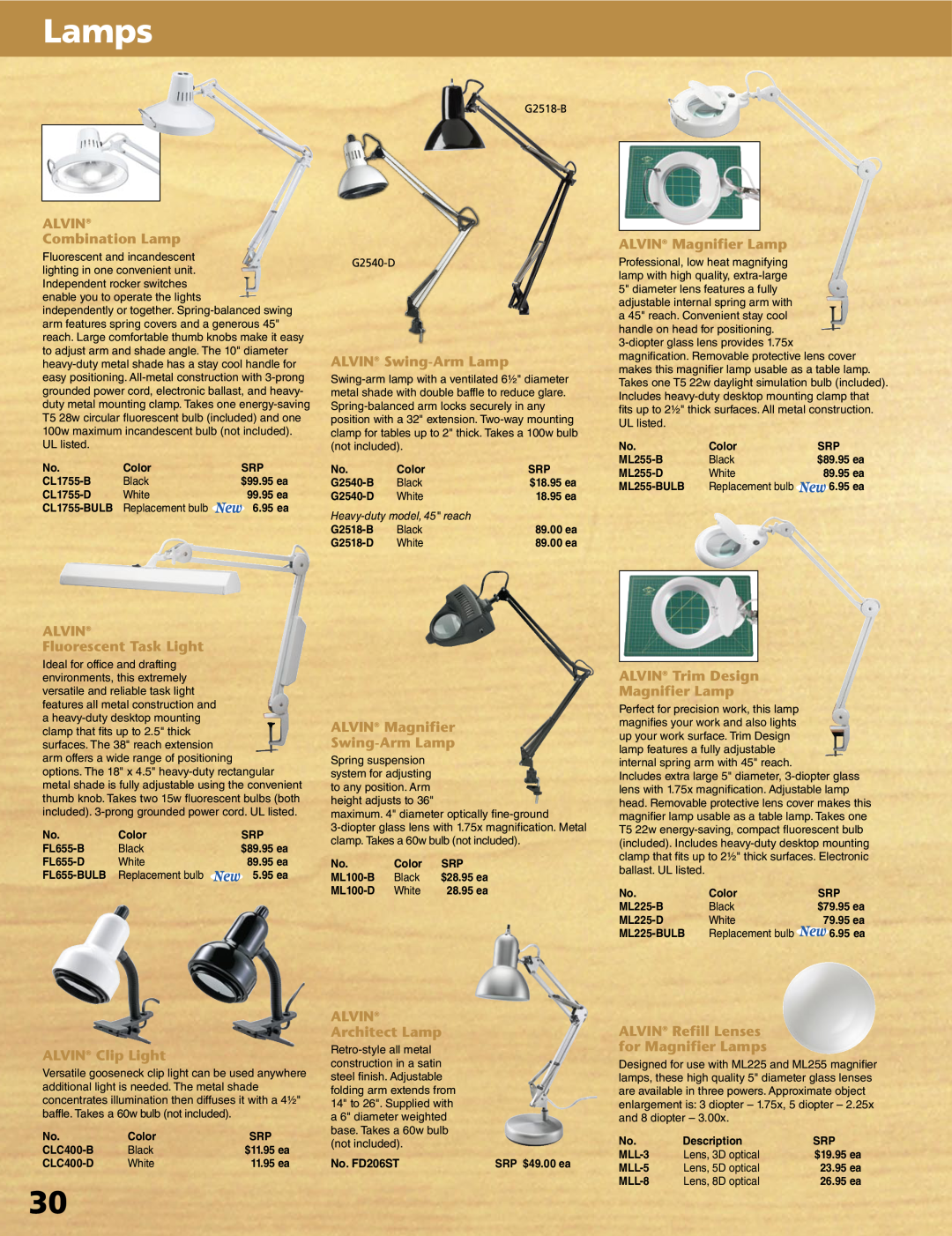 Alvin XX-3-XB manual Lamps, ALVIN Combination Lamp, ALVIN Swing-ArmLamp, ALVIN Magnifier Lamp, ALVIN Fluorescent Task Light 