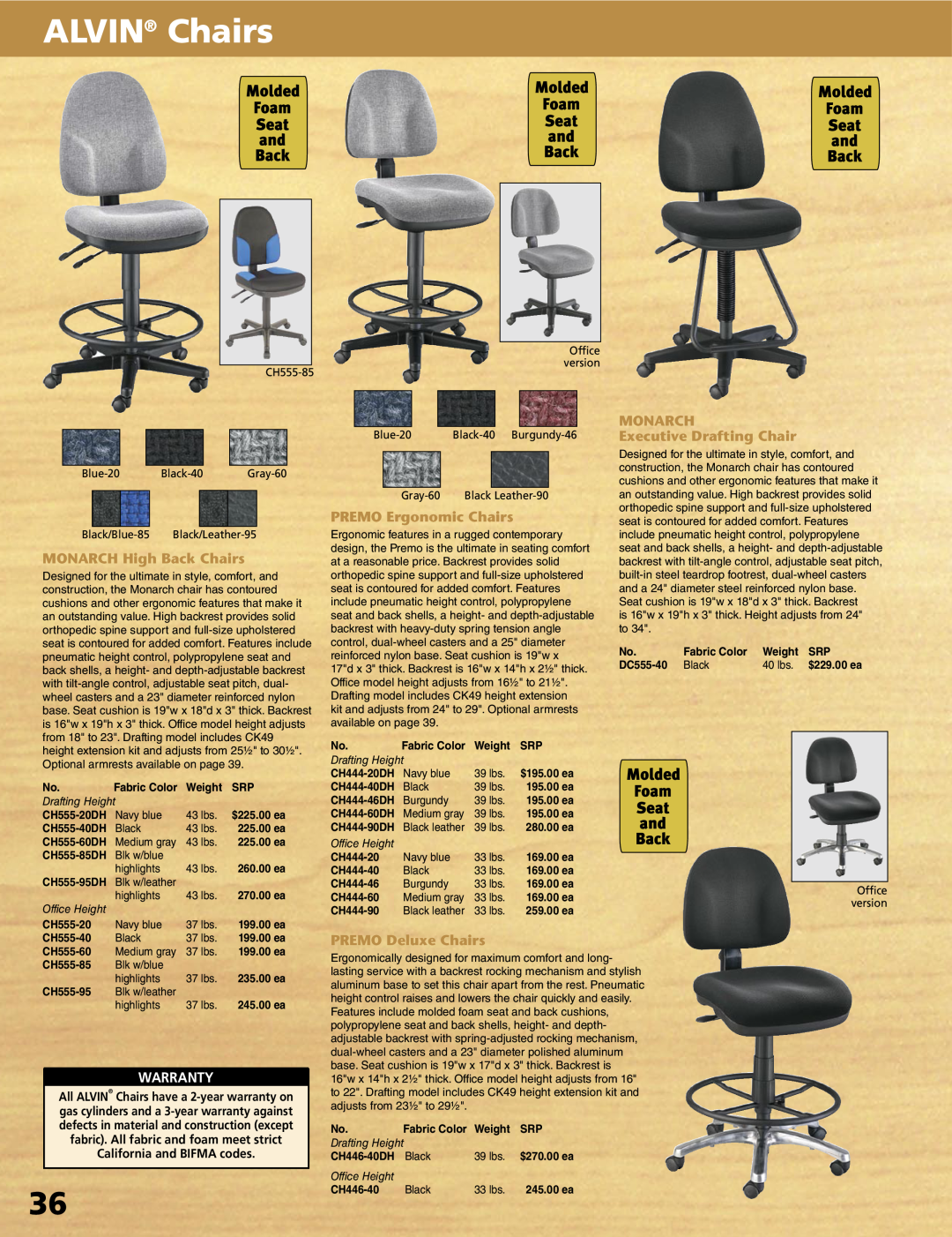 Alvin XX-4-XB ALVIN Chairs, MONARCH High Back Chairs, PREMO Ergonomic Chairs, Monarch Executive Drafting Chair, Warranty 