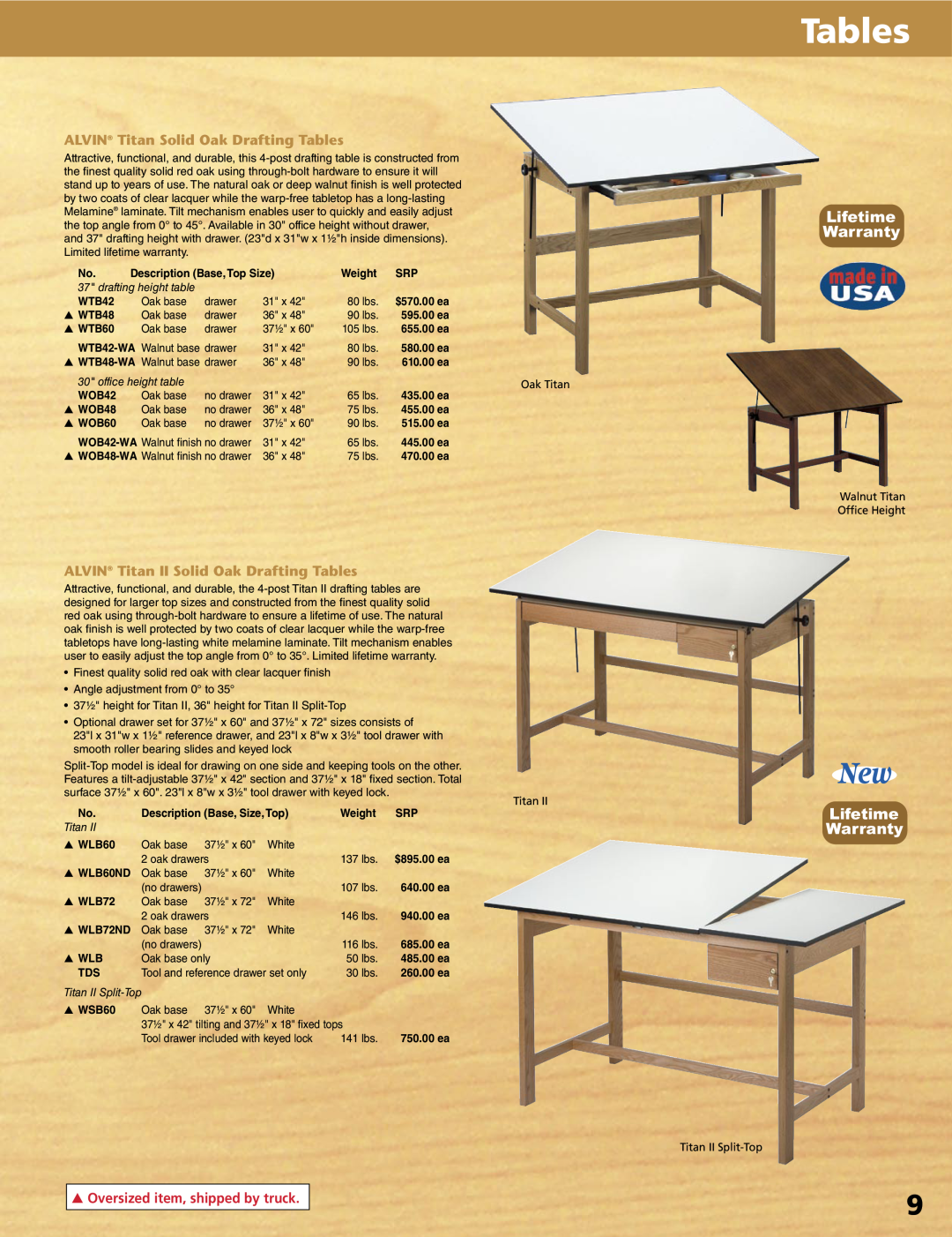 Alvin XV-4-XB manual Lifetime Warranty, ALVIN Titan Solid Oak Drafting Tables, ALVIN Titan II Solid Oak Drafting Tables 