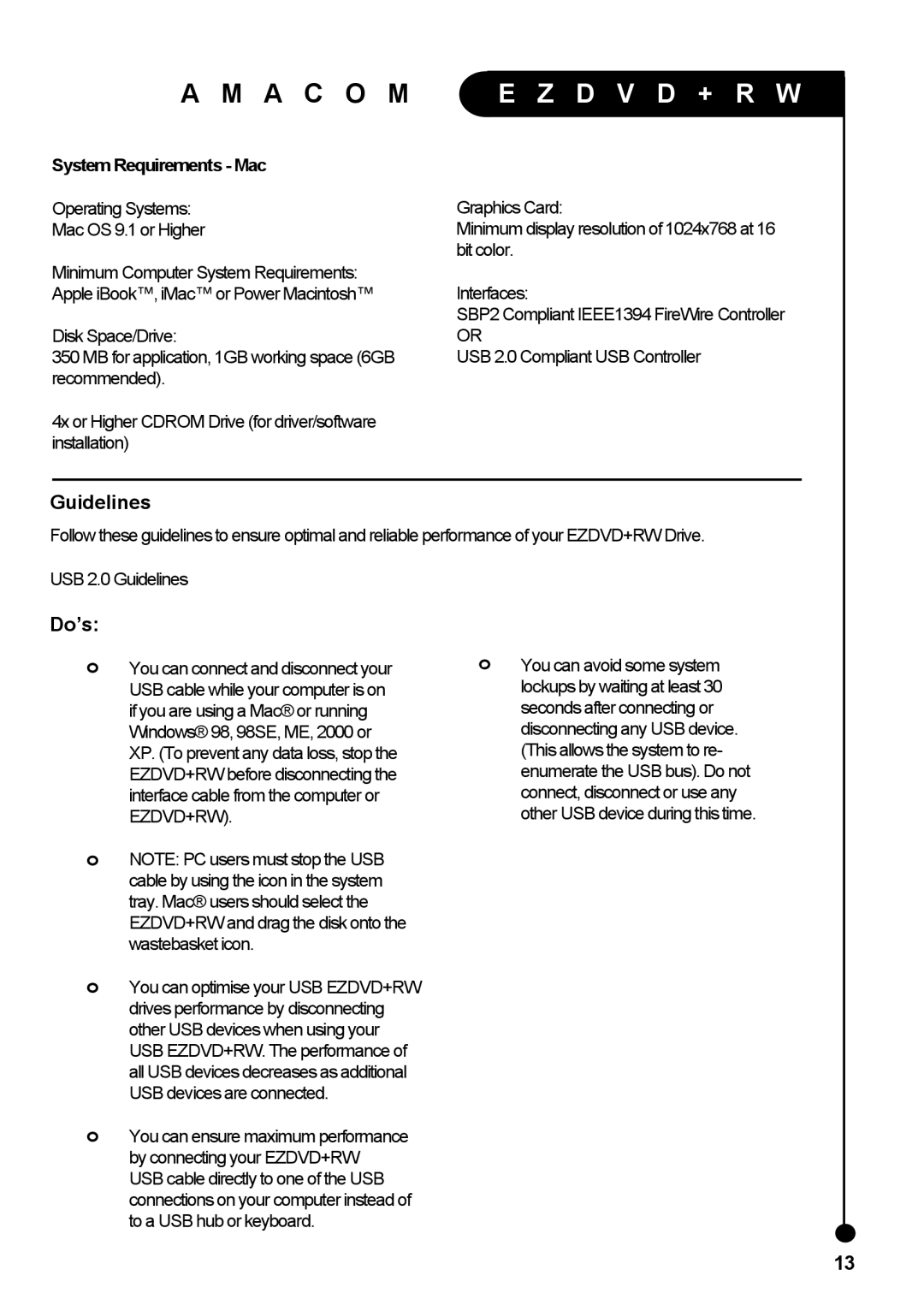 Amacom Technologies EZDVD+RW manual Guidelines, Do’s, System Requirements Mac 