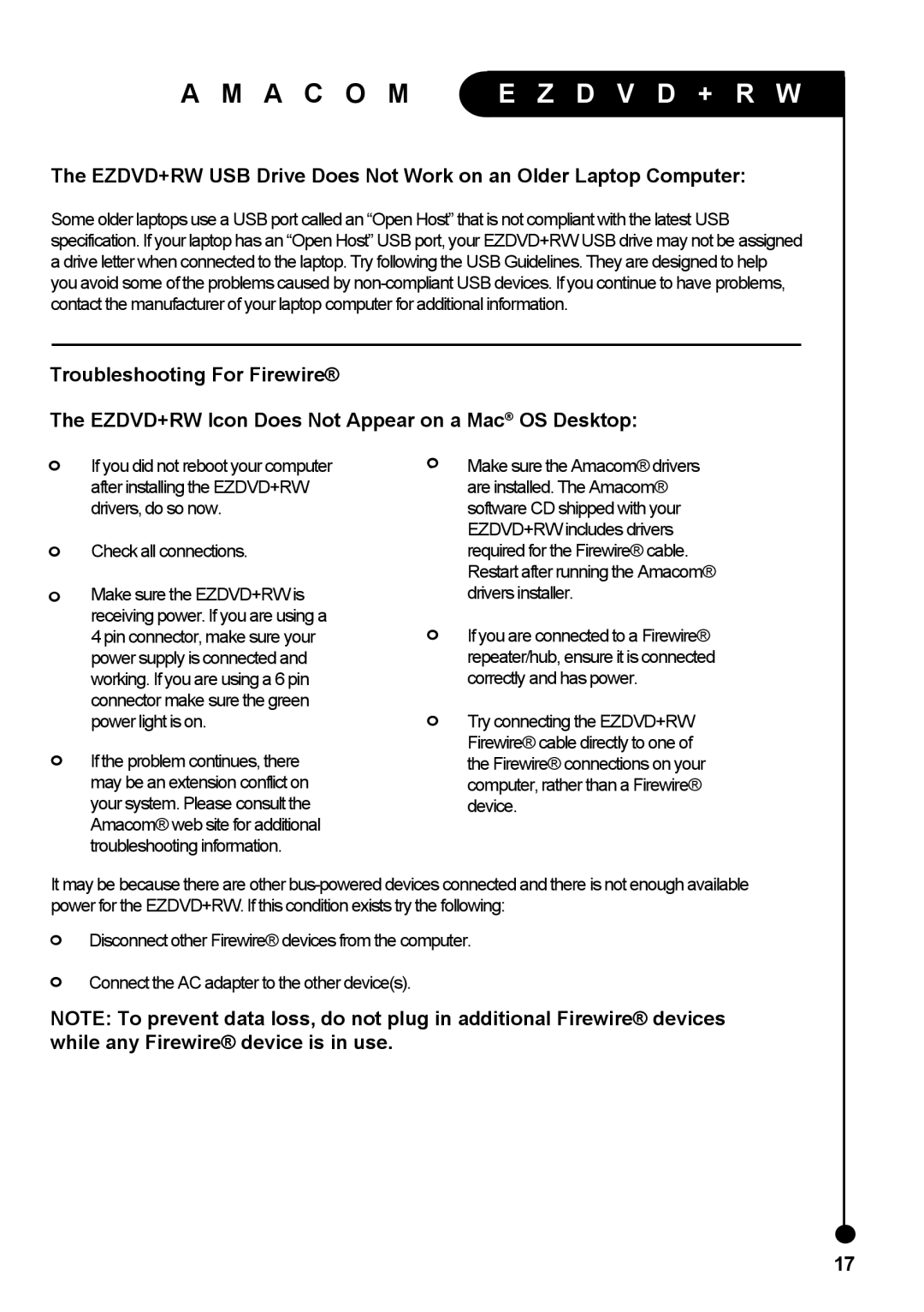 Amacom Technologies manual EZDVD+RW USB Drive Does Not Work on an Older Laptop Computer, Check all connections 