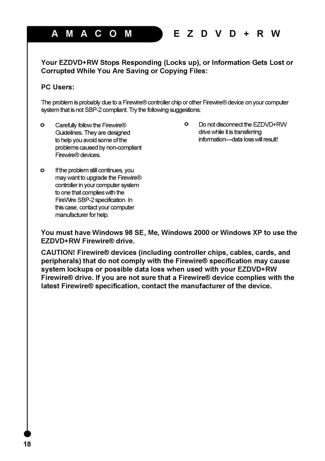 Amacom Technologies EZDVD+RW manual Problems caused by non-compliant Firewire devices 