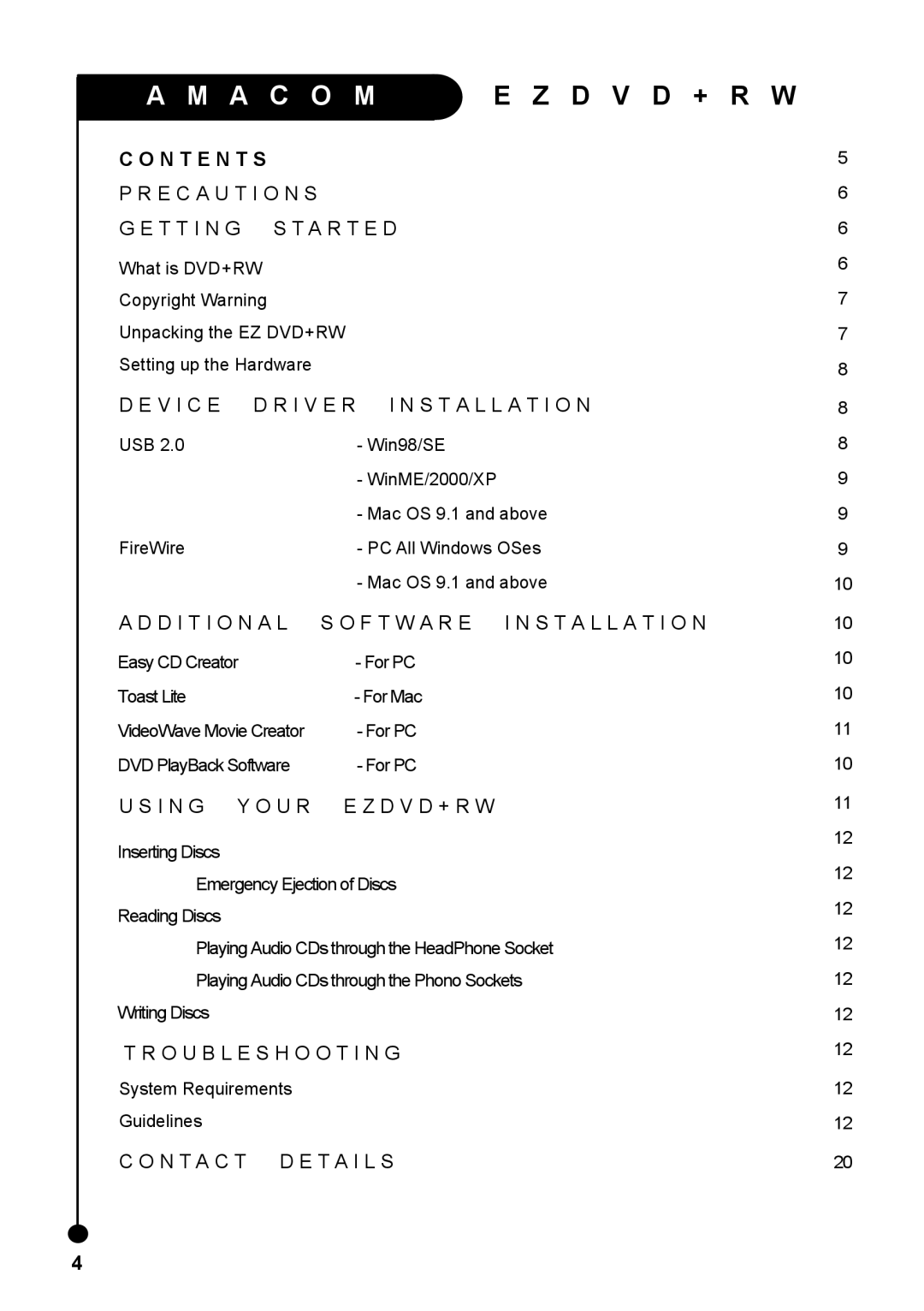 Amacom Technologies EZDVD+RW manual N T E N T S 