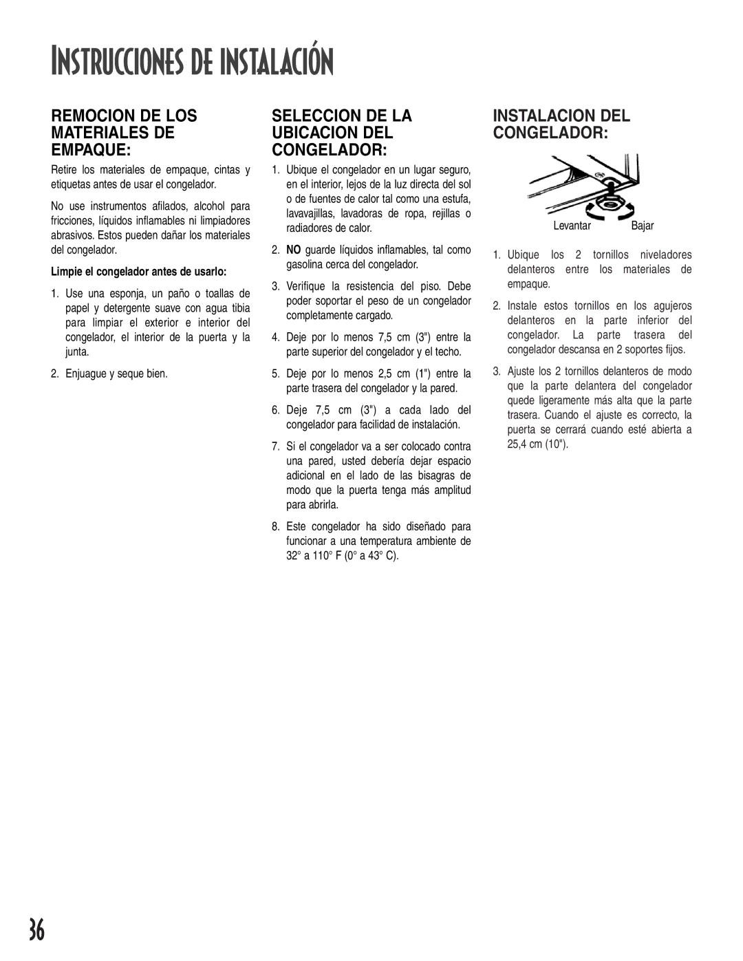 Amana 1-82034-002 Instrucciones de instalación, Remocion DE LOS Materiales DE Empaque, Instalacion DEL Congelador 