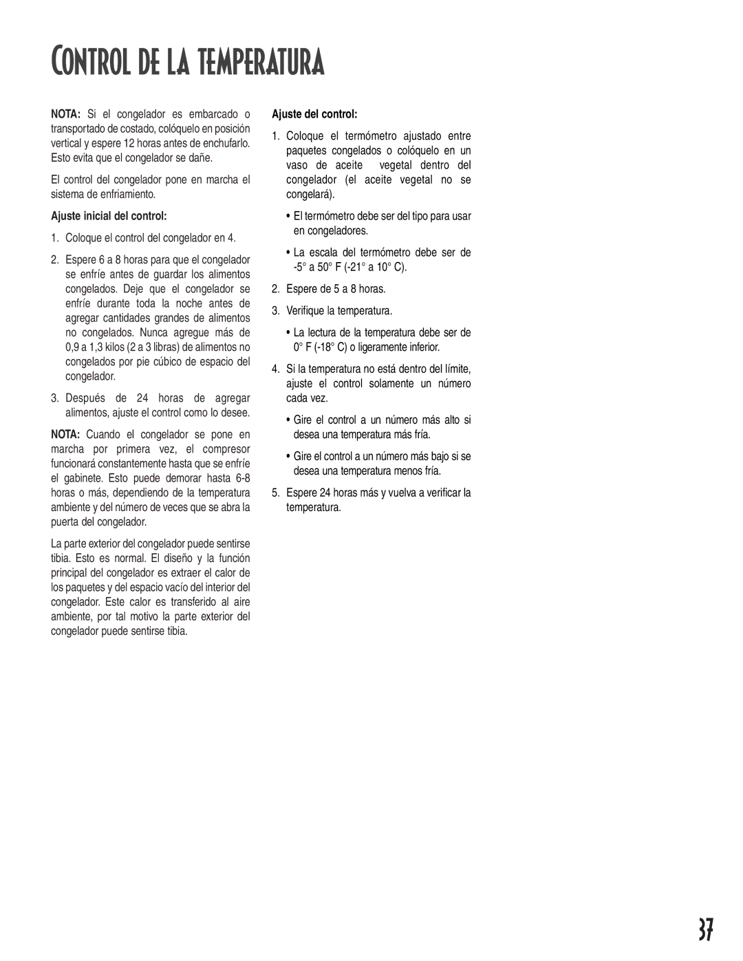 Amana 1-82034-002 owner manual Control de la temperatura, Ajuste inicial del control, Coloque el control del congelador en 