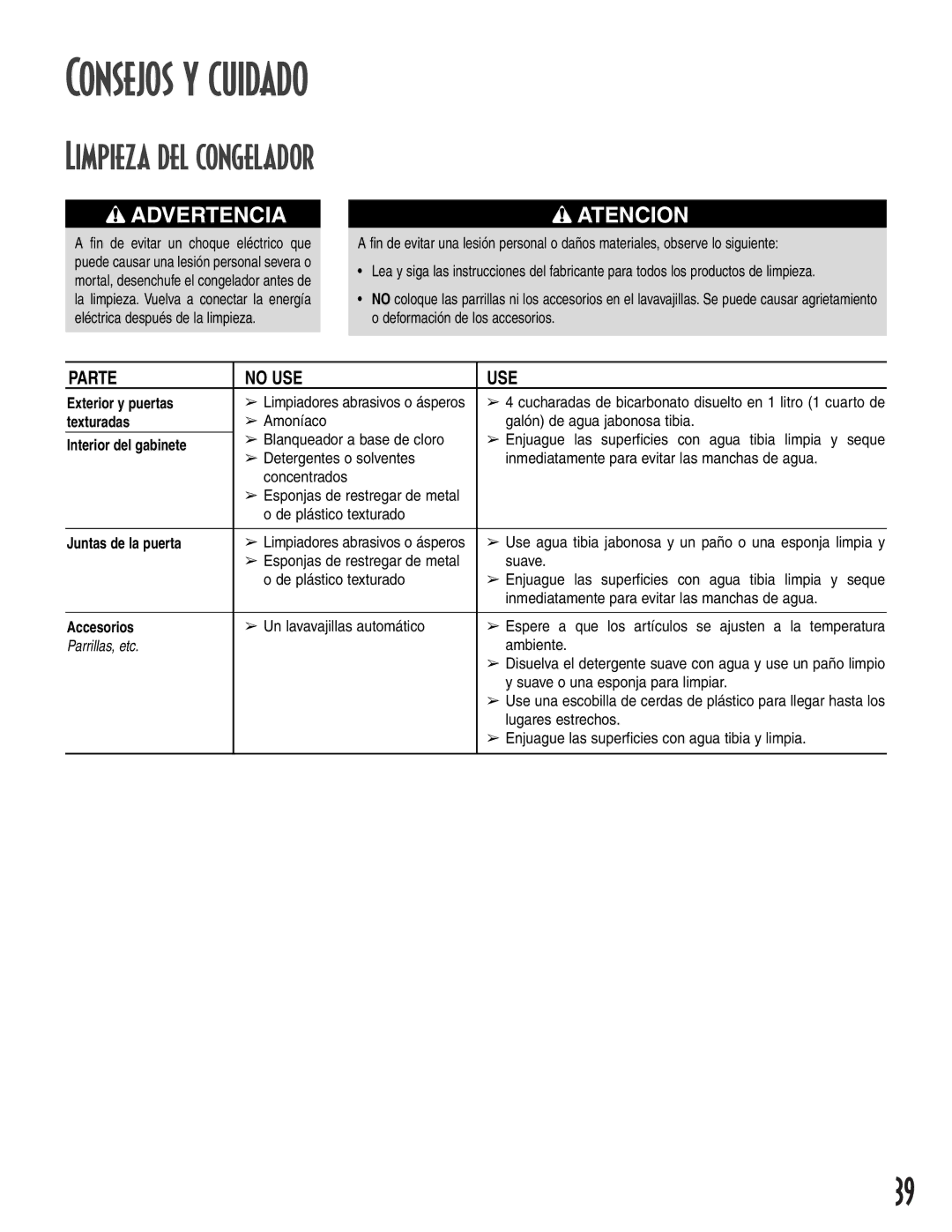 Amana 1-82034-002 owner manual Consejos y cuidado, Limpieza del congelador 