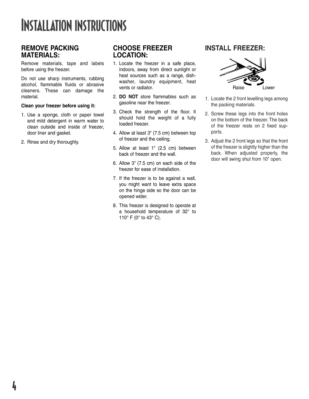 Amana 1-82034-002 Installation instructions, Remove Packing Materials, Choose Freezer Location, Install Freezer 