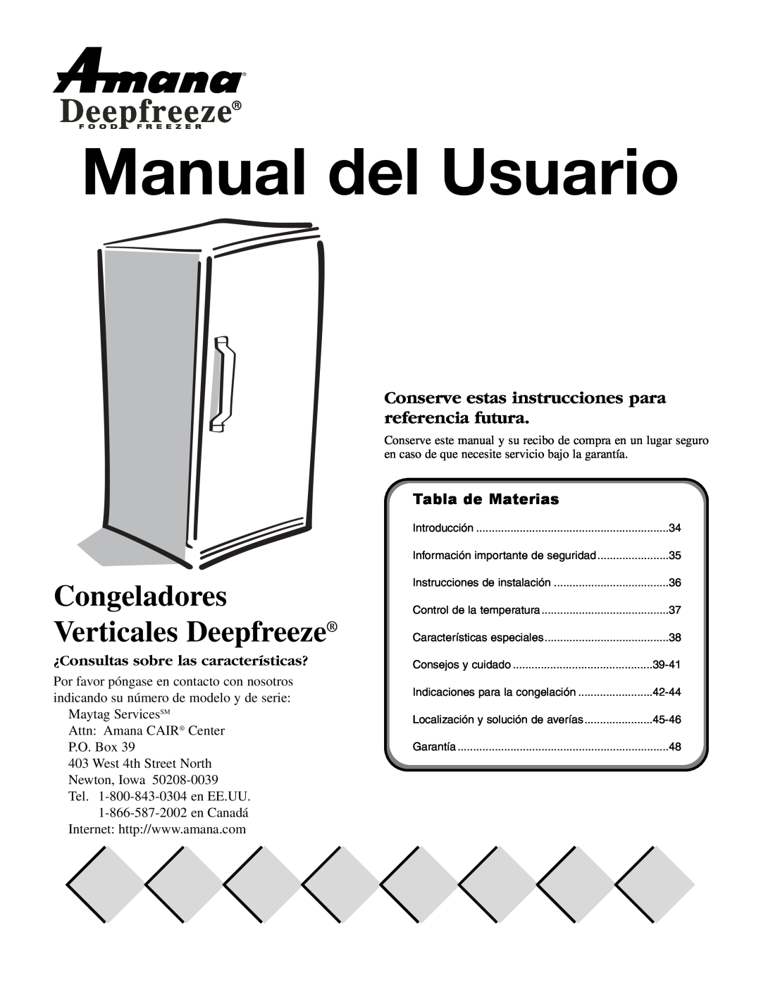 Amana 1-82034-002 owner manual Manual del Usuario, Congeladores, Verticales Deepfreeze, Tabla de Materias 