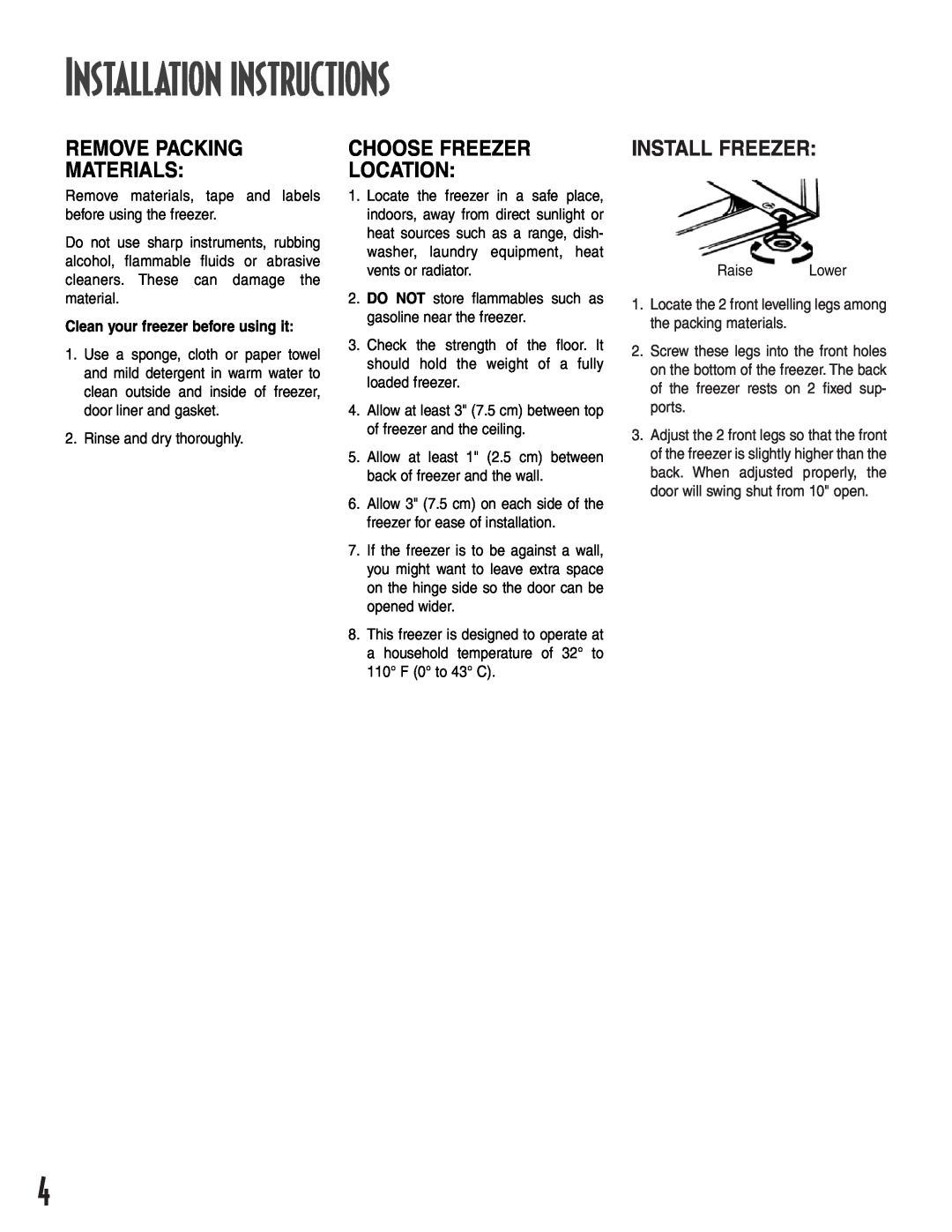 Amana 1-82034-002 Installation instructions, Remove Packing Materials, Choose Freezer Location, Install Freezer 
