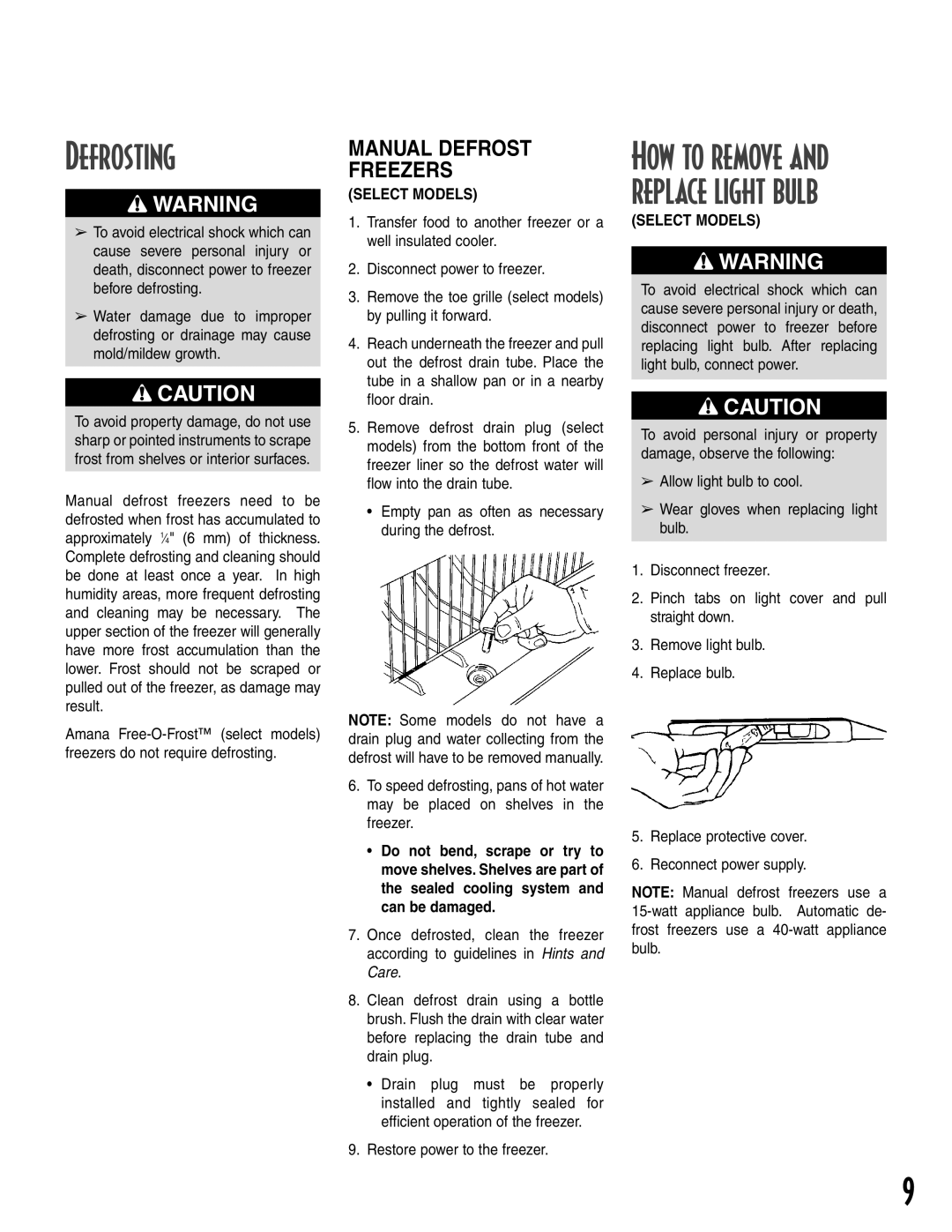 Amana 1-82034-002 owner manual Defrosting, How to remove and replace light bulb, Manual Defrost Freezers, Select Models 