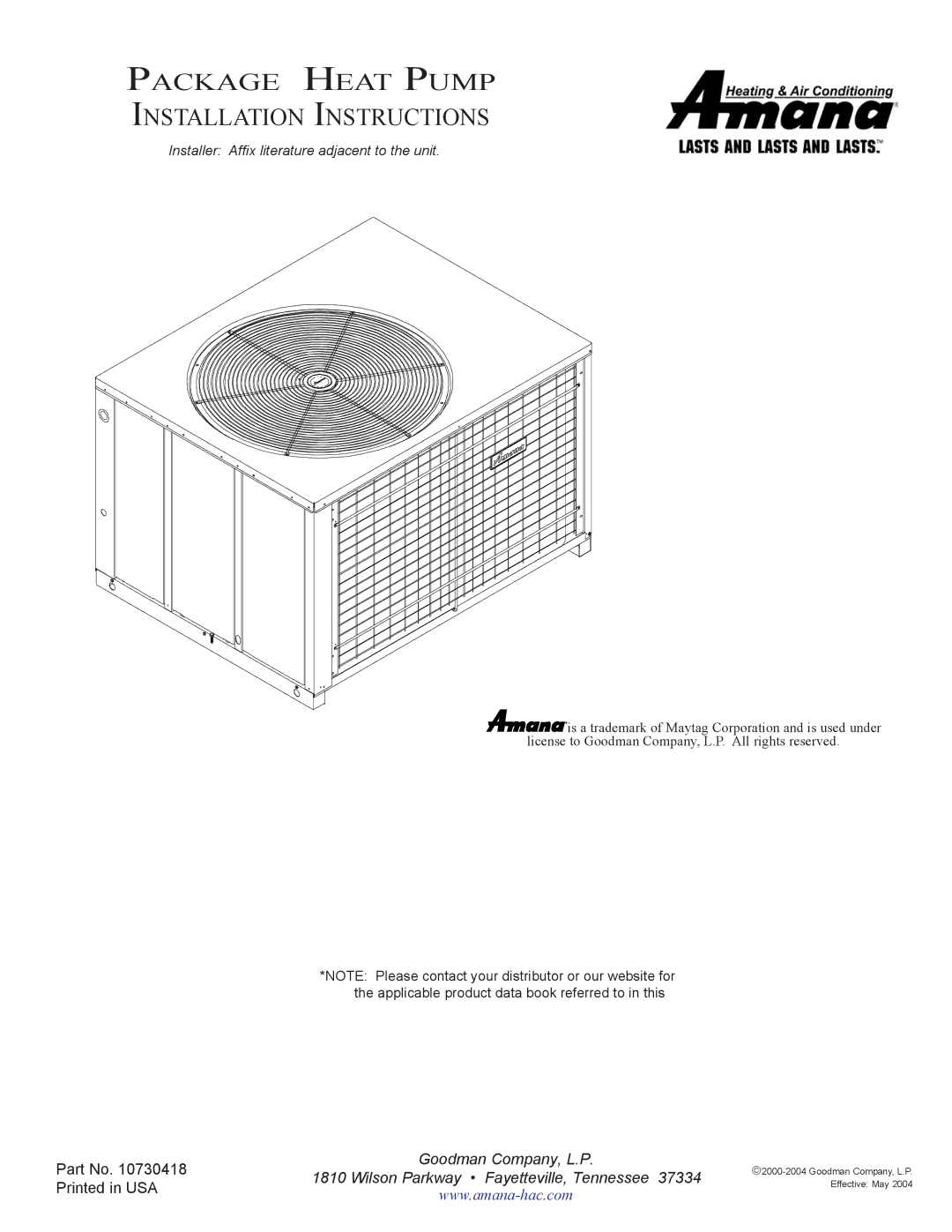 Amana 10730418 installation instructions Package Heat Pump Installation Instructions 