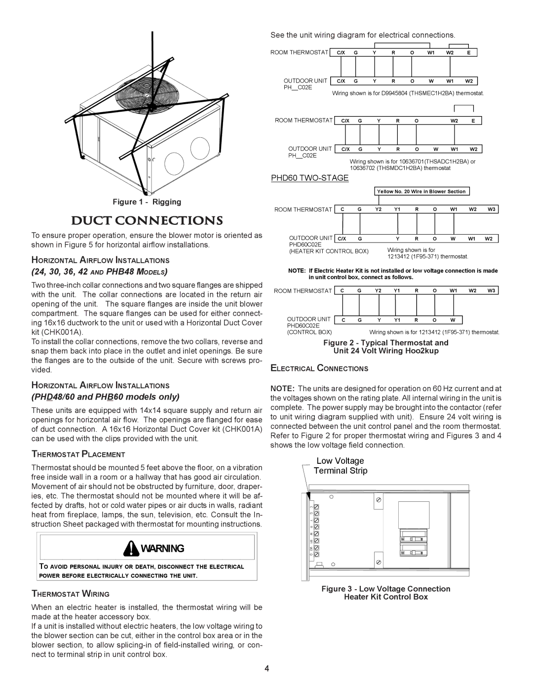 Amana 10730418 Duct Connections, Horizontal Airflow Installations, Thermostat Placement, Thermostat Wiring 