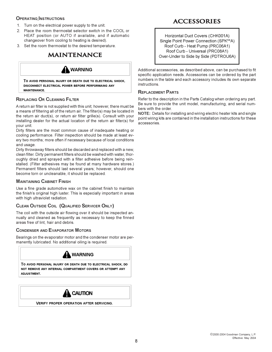 Amana 10730418 installation instructions Maintenance, Accessories 