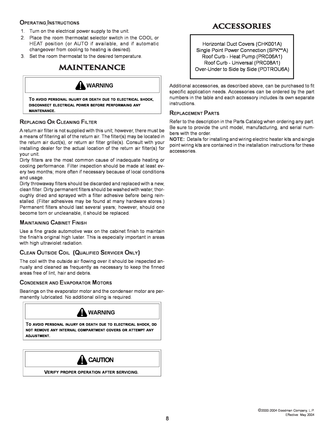 Amana 10730418 installation instructions Maintenance, Accessories 