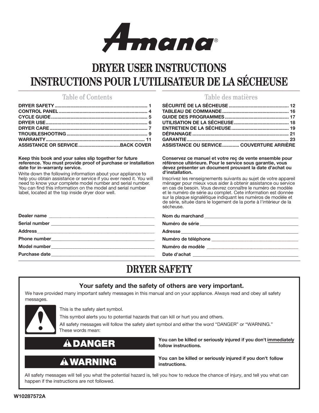 Amana 1W10287572A warranty Dryer Safety, Table of Contents 