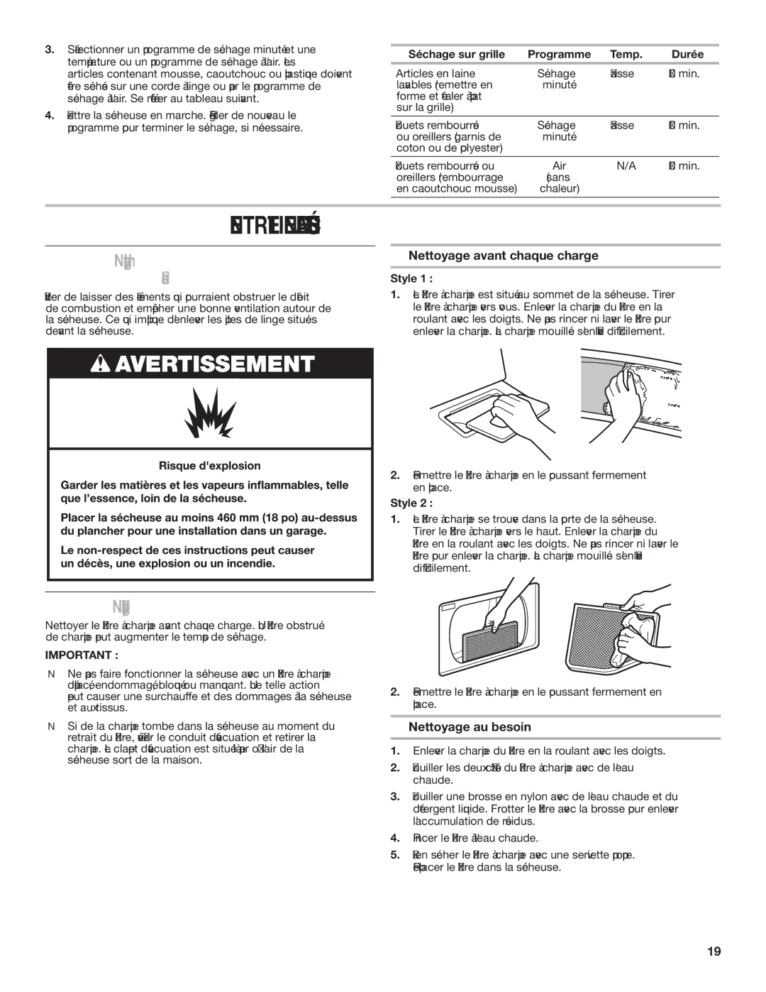 Amana 1W10287572A Entretien DE LA Sécheuse, Nettoyage de lemplacement De la sécheuse, Nettoyage du filtre à charpie 