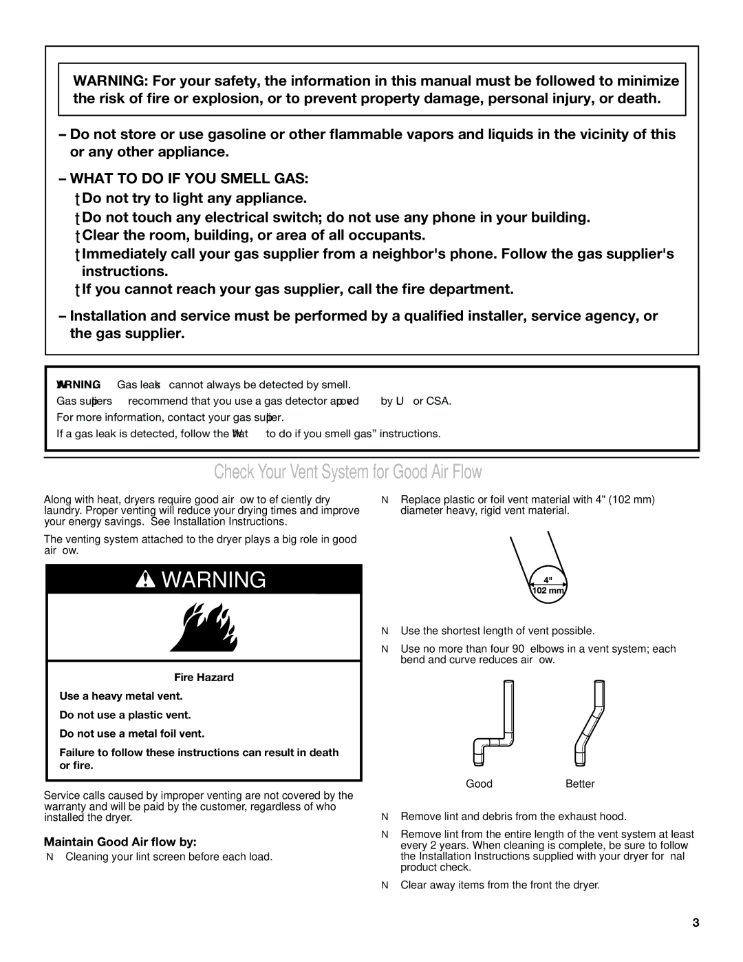 Amana 1W10287572A warranty Check Your Vent System for Good Air Flow, Maintain Good Air flow by 