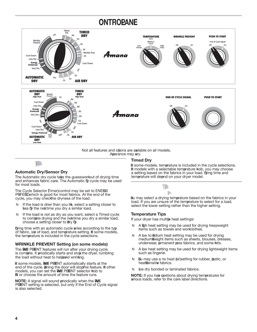 Amana 1W10287572A warranty Control Panel, Cycle Selector Timer Control, Temperature Control 