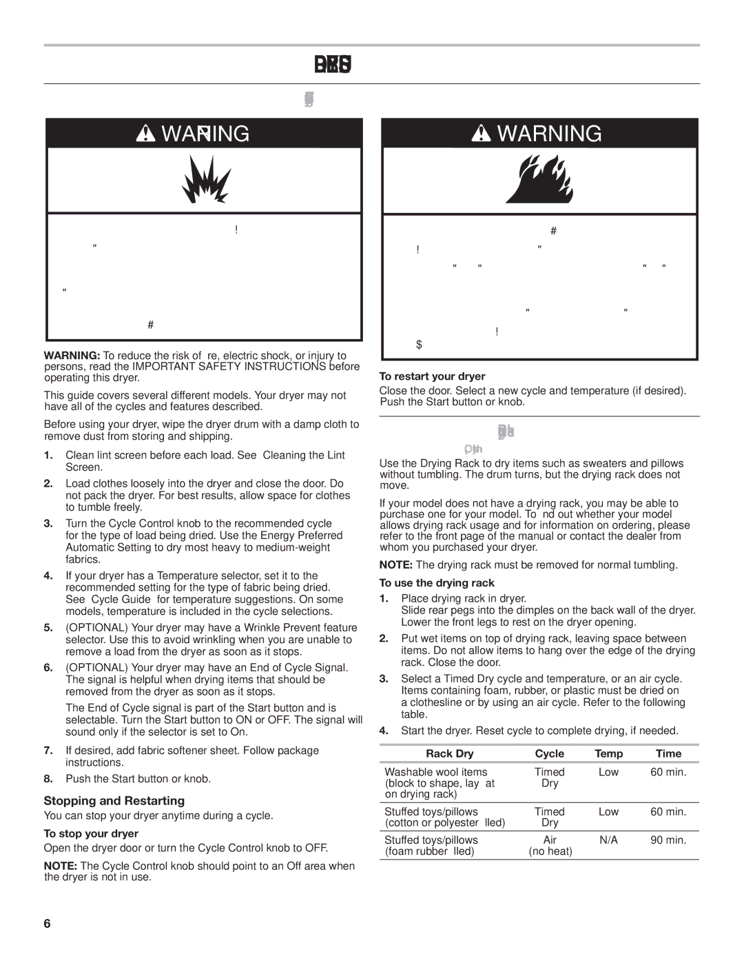 Amana 1W10287572A warranty Dryer USE, Starting Your Dryer, Drying Rack, Stopping and Restarting 