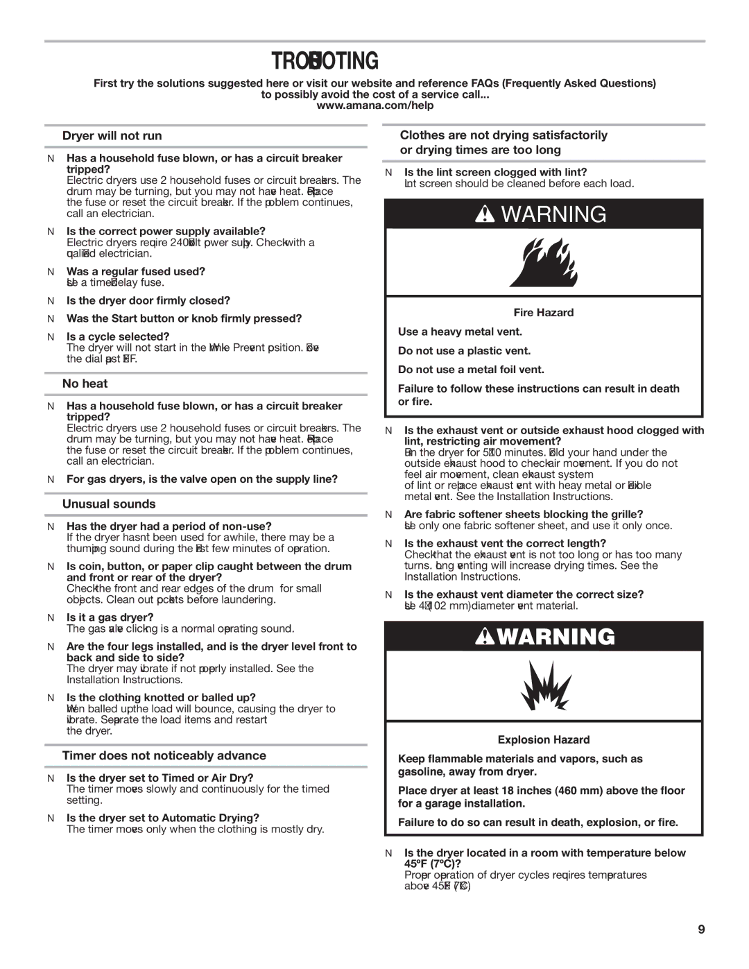 Amana 1W10287572A warranty Troubleshooting, Dryer will not run, No heat, Unusual sounds, Timer does not noticeably advance 