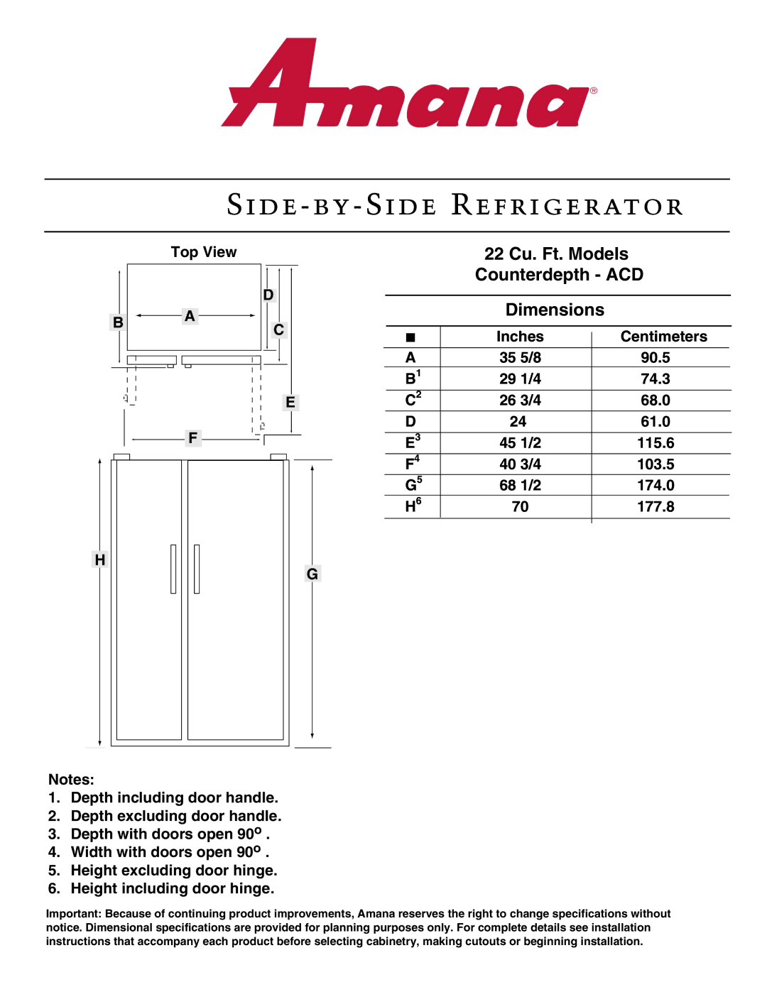 Amana dimensions 22 Cu. Ft. Models Counterdepth ACD Dimensions 