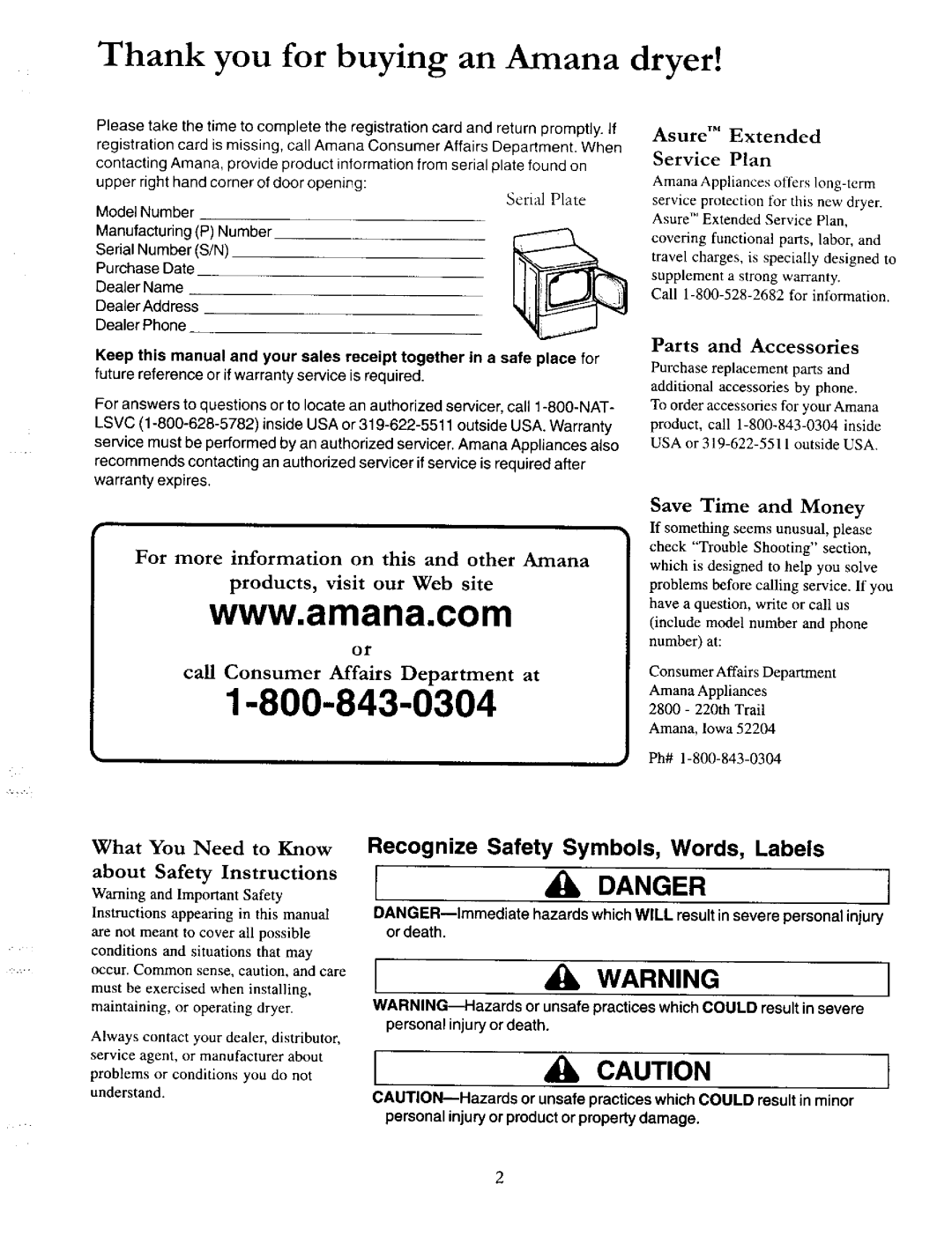 Amana 40086001 owner manual Thank you for buying an Amana dryer, Asure TM Extended Service Plan, Parts and Accessories 