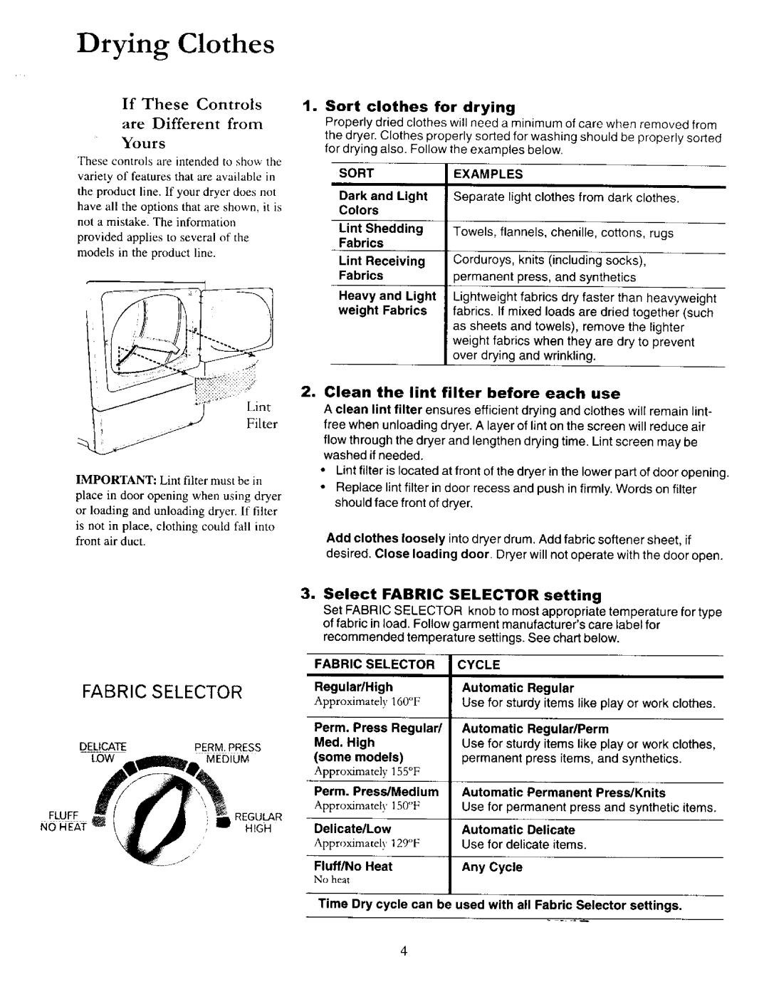 Amana 40086001 owner manual Drying Clothes, If These Controls Are Different from Yours, Filter 