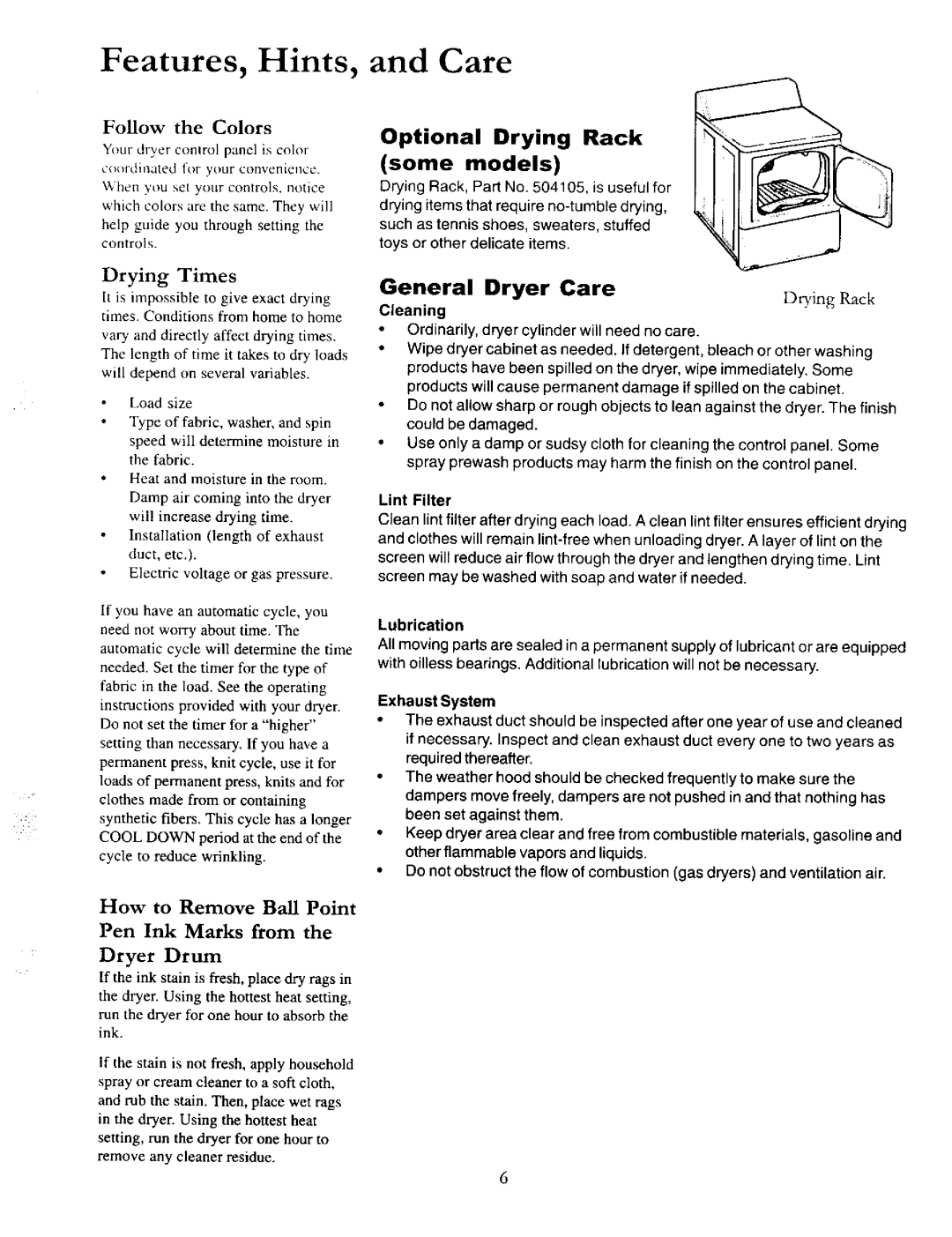 Amana 40086001 owner manual Features, Hints, and Care, Follow the Colors, Drying Times 