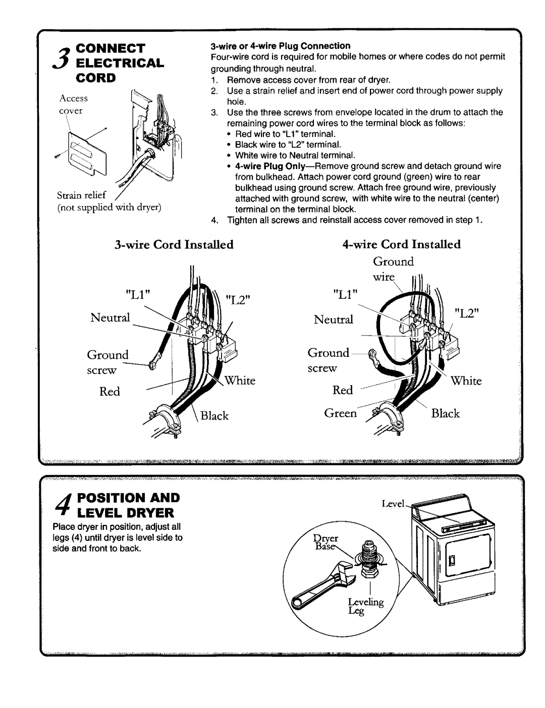 Amana 40086101 owner manual Connect Electrical Cord, Position Level Dryer, Strain relief Not supplied with dryer 