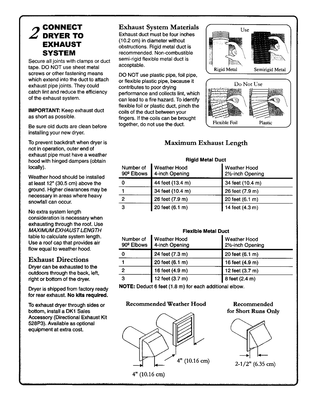 Amana 40086101 owner manual Connect Dryer To Exhaust System, Exhaust Directions 