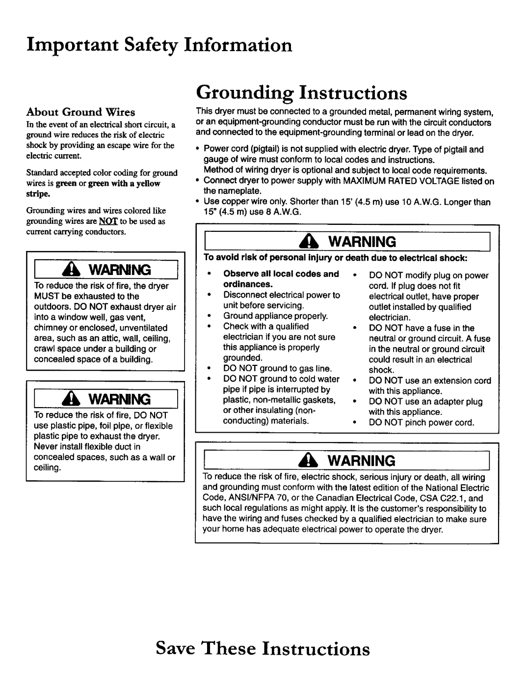 Amana 40086101 owner manual Important Safety, Information Grounding Instructions, Save These Instructions, Warningi 