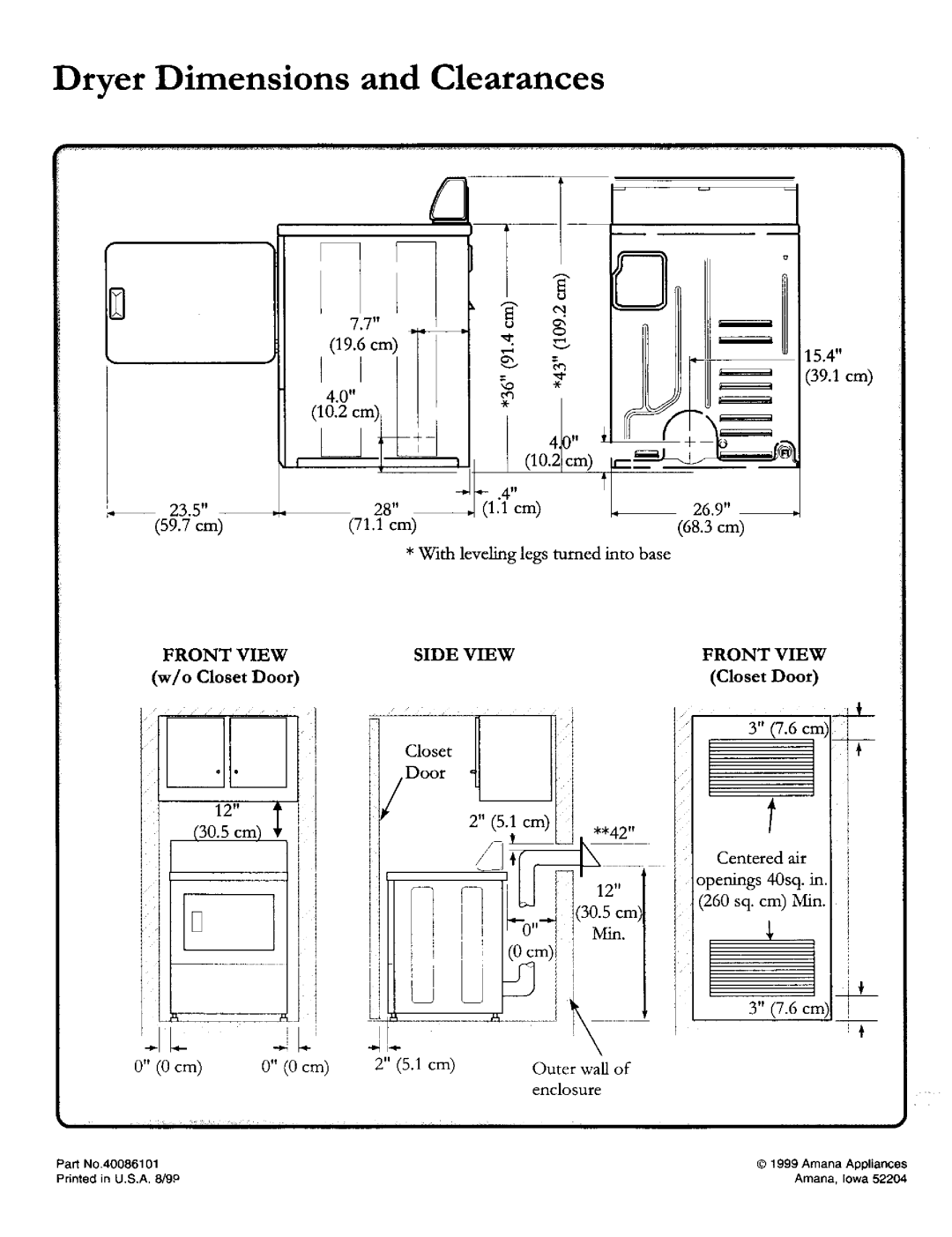 Amana 40086101 owner manual Dryer Dimensions and Clearances, Closet, Door, 2 5.1 cm 