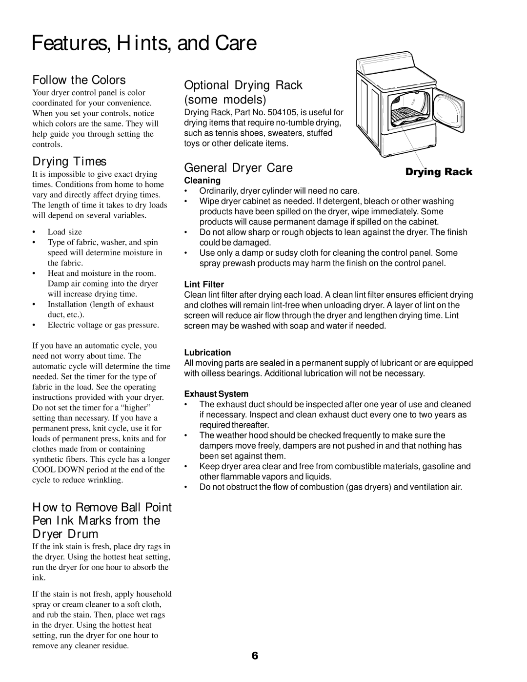 Amana 40091502 owner manual Features, Hints, and Care 