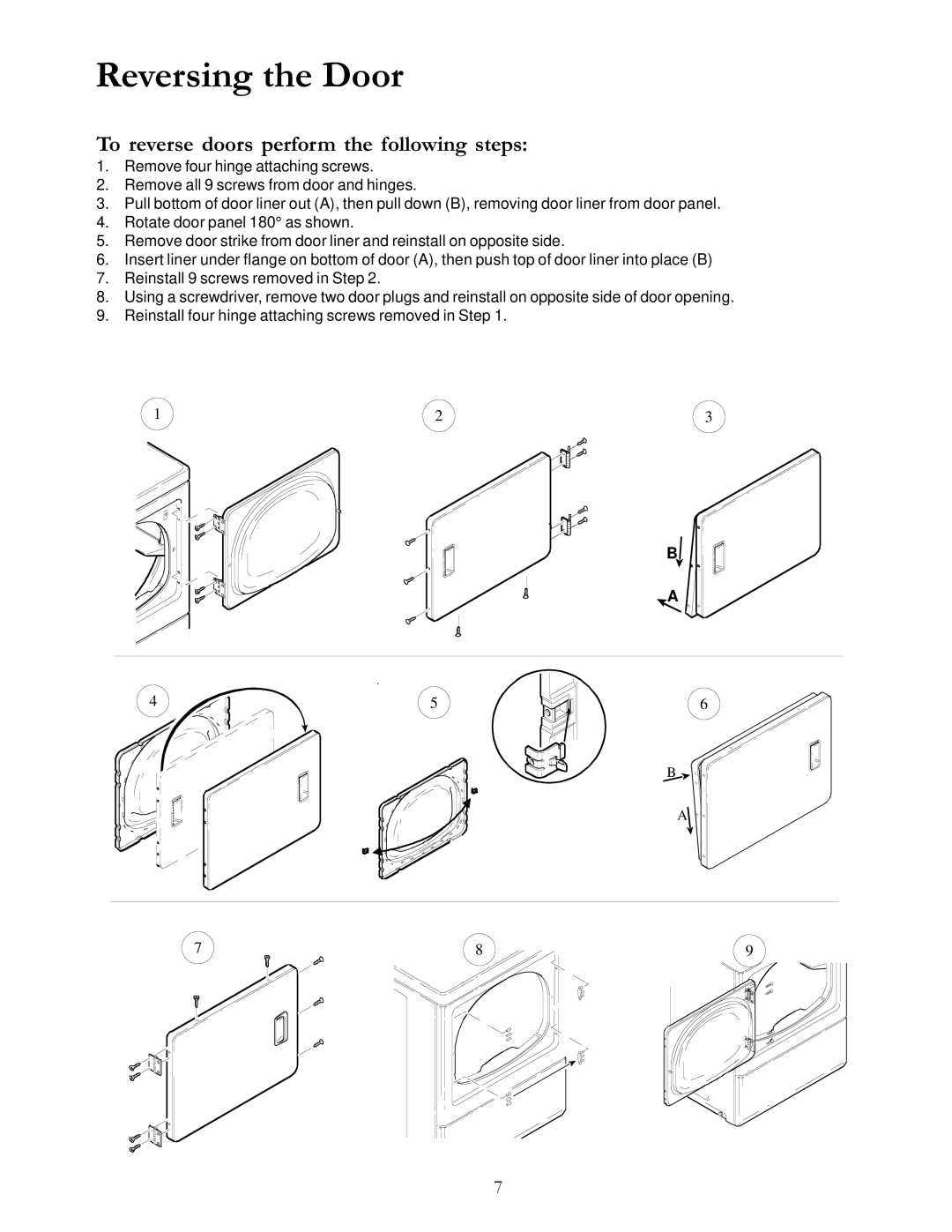 Amana 40091502 owner manual Reversing the Door, To reverse doors perform the following steps 