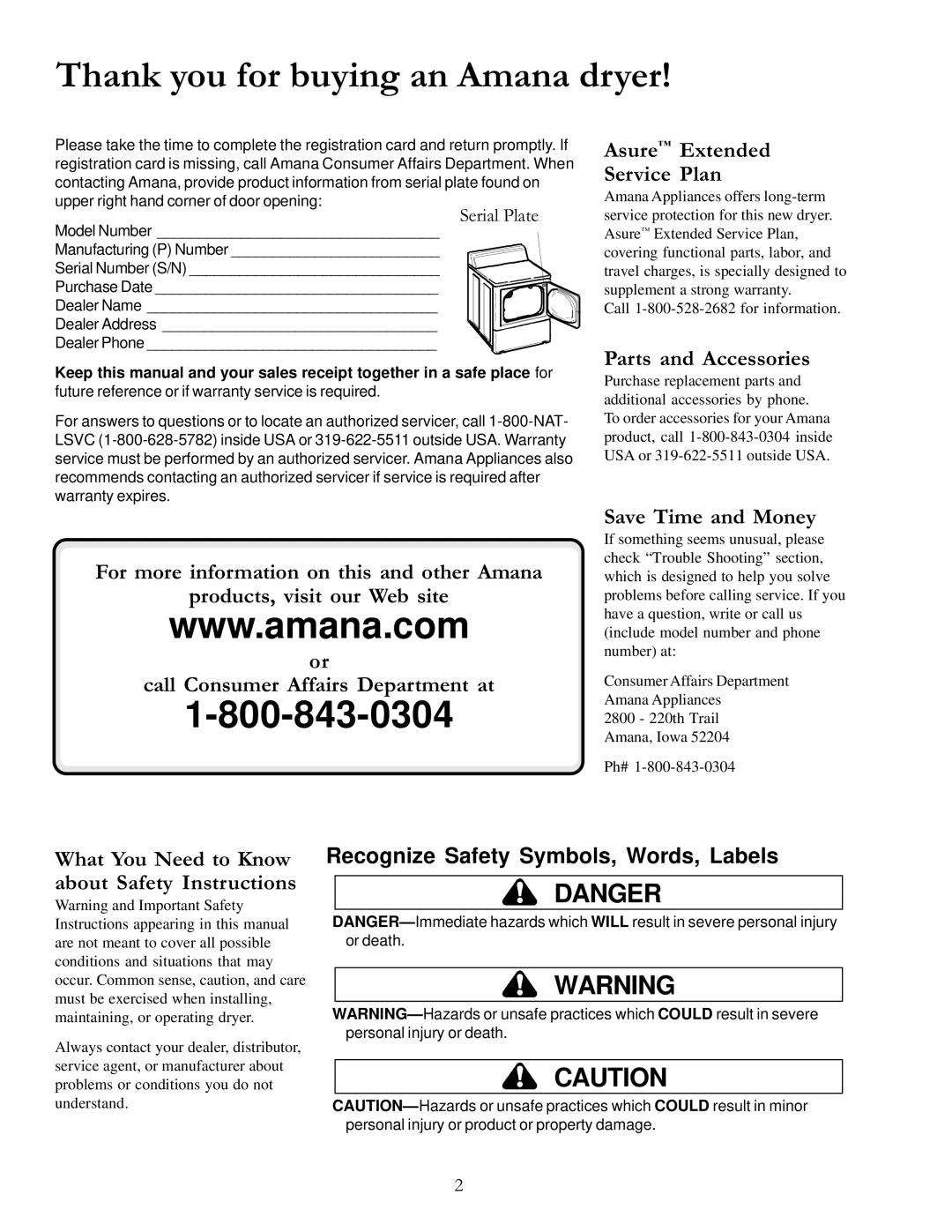 Amana 40119701 owner manual Thank you for buying an Amana dryer, Asure Extended Service Plan, Parts and Accessories 