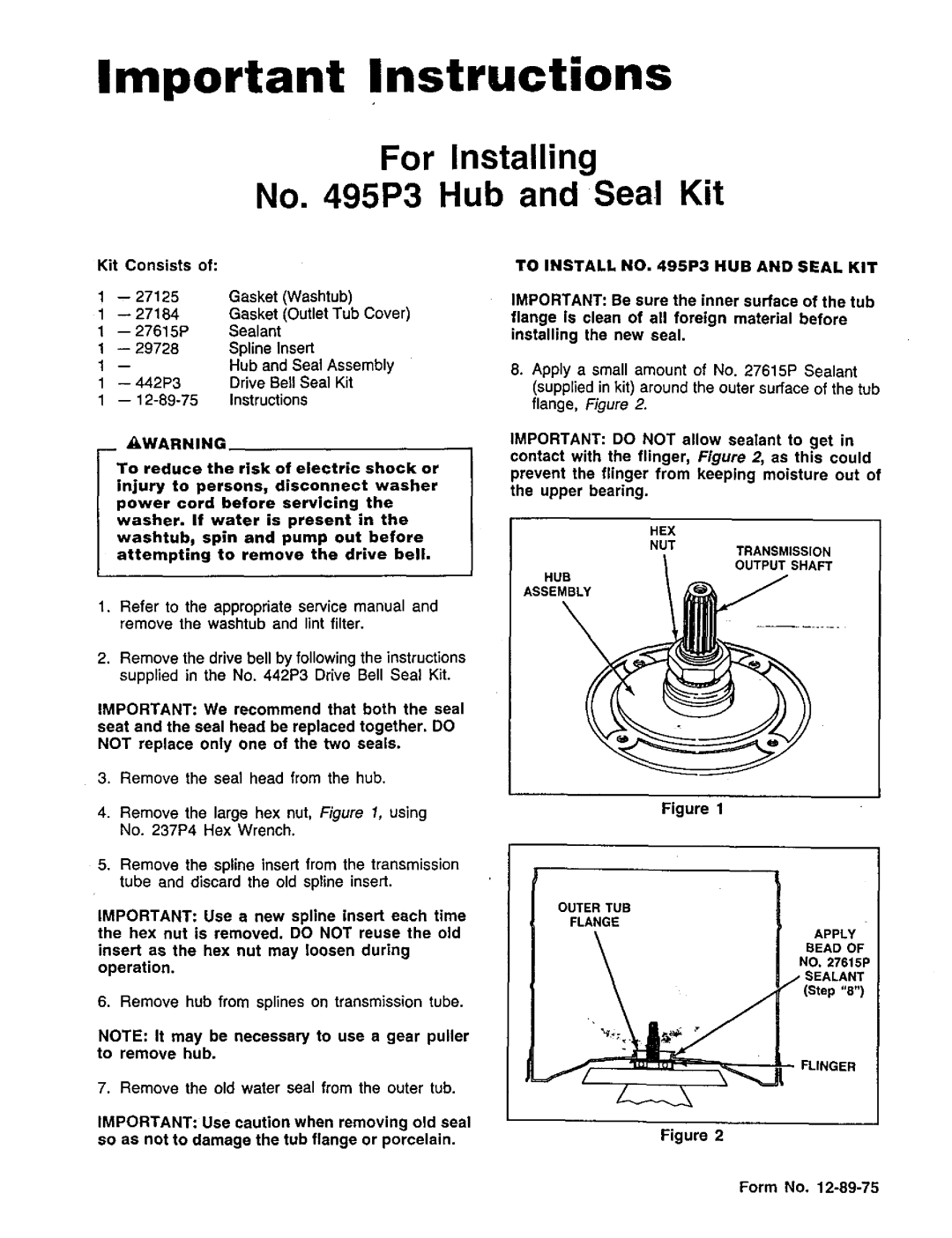 Amana 495P3 manual Kit Consists, 27184, Form No 