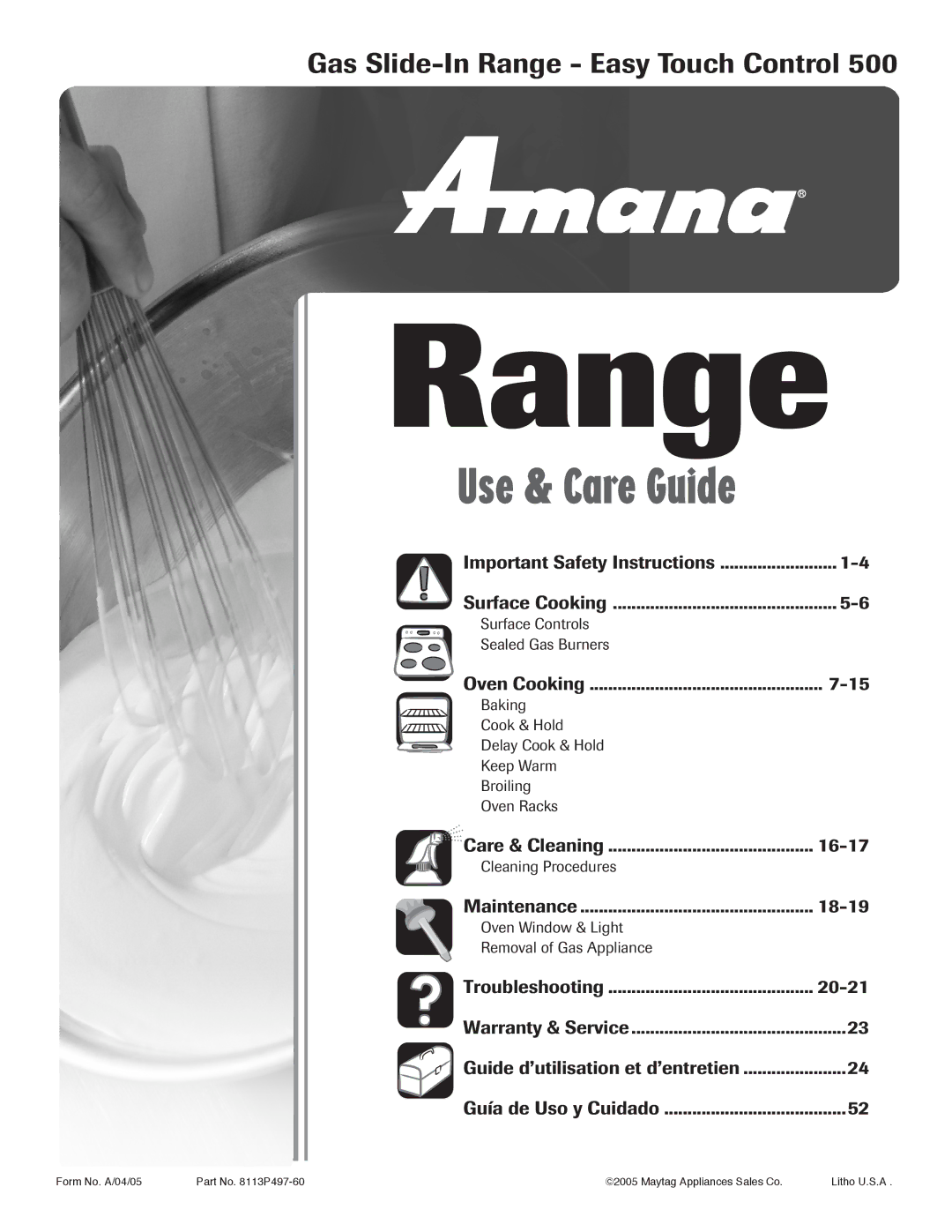 Amana 500 manual Gas Slide-In Range Easy Touch Control 