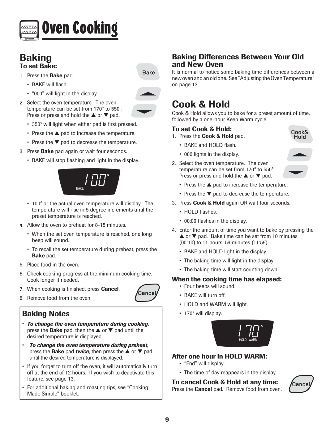 Amana 500 manual Cook & Hold, Baking Notes, Baking Differences Between Your Old and New Oven 