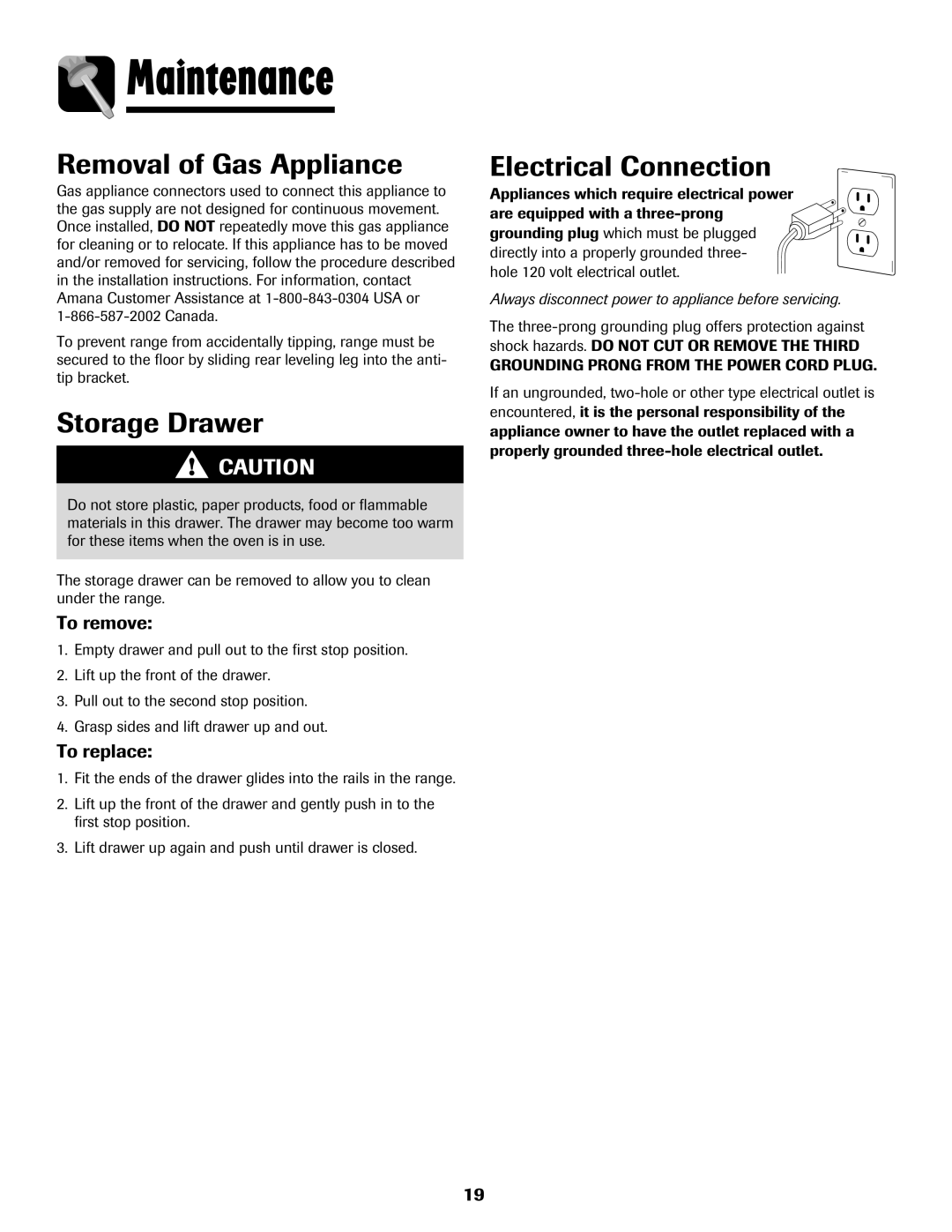 Amana 500 manual Removal of Gas Appliance, Storage Drawer, Electrical Connection 